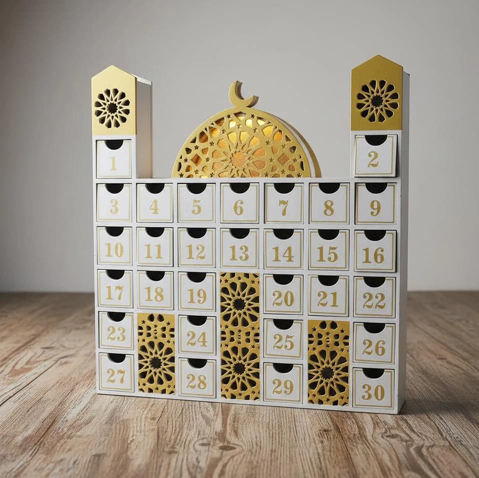 Ramadan Wooden Countdown Calendar Mosque with LED Lights – Islamic Decor, Eid Gift