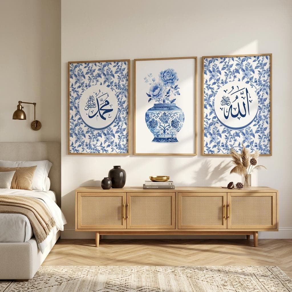 Set of 3 Islamic Canvas Prints, Blue-and-White Porcelain Style Calligraphy Art - image 3