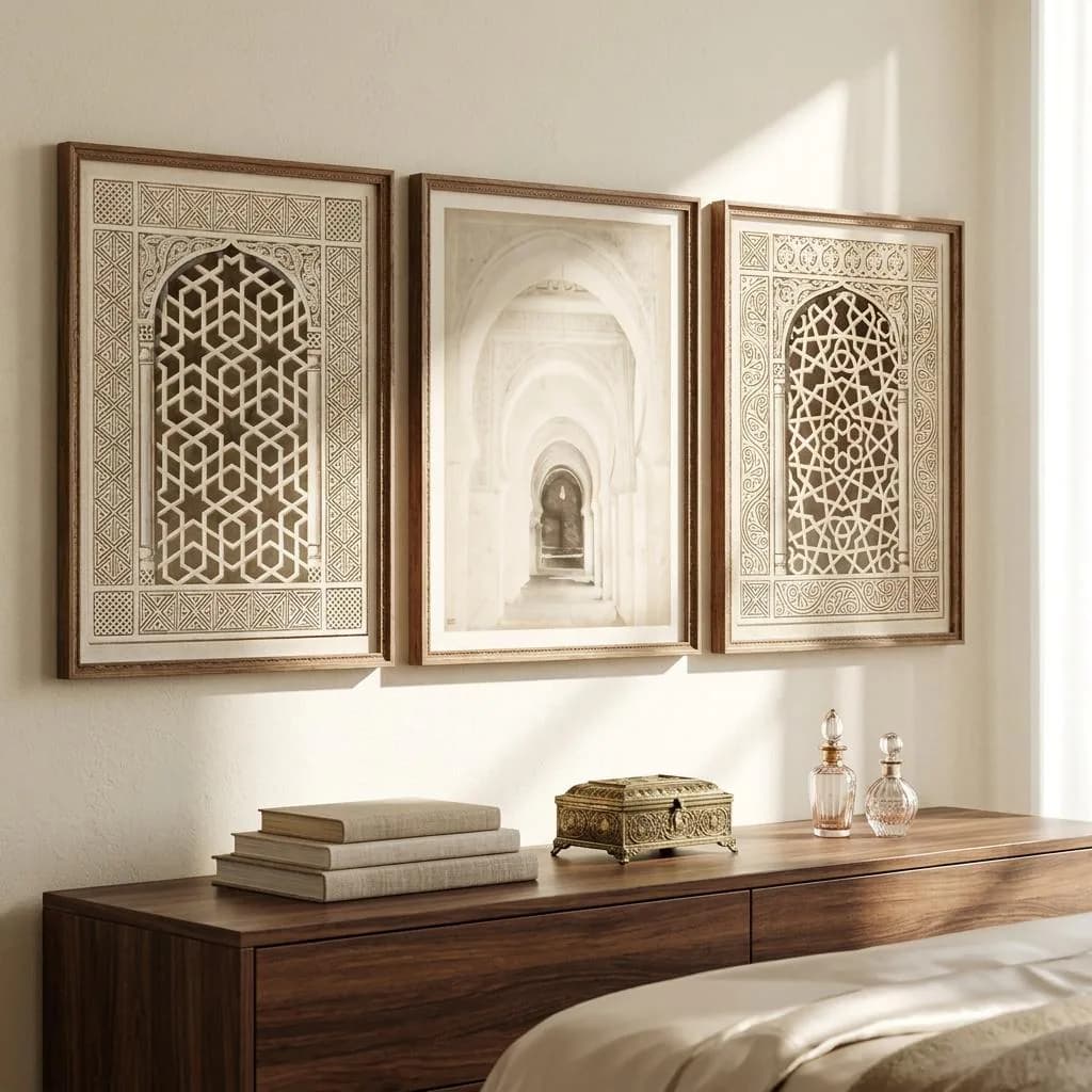 Islamic wall art set of 3 canvases with luxurious Arabic architecture, Moroccan Door Poster