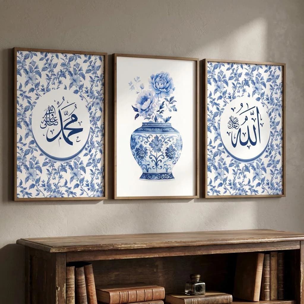 Set of 3 Islamic Canvas Prints, Blue-and-White Porcelain Style Calligraphy Art