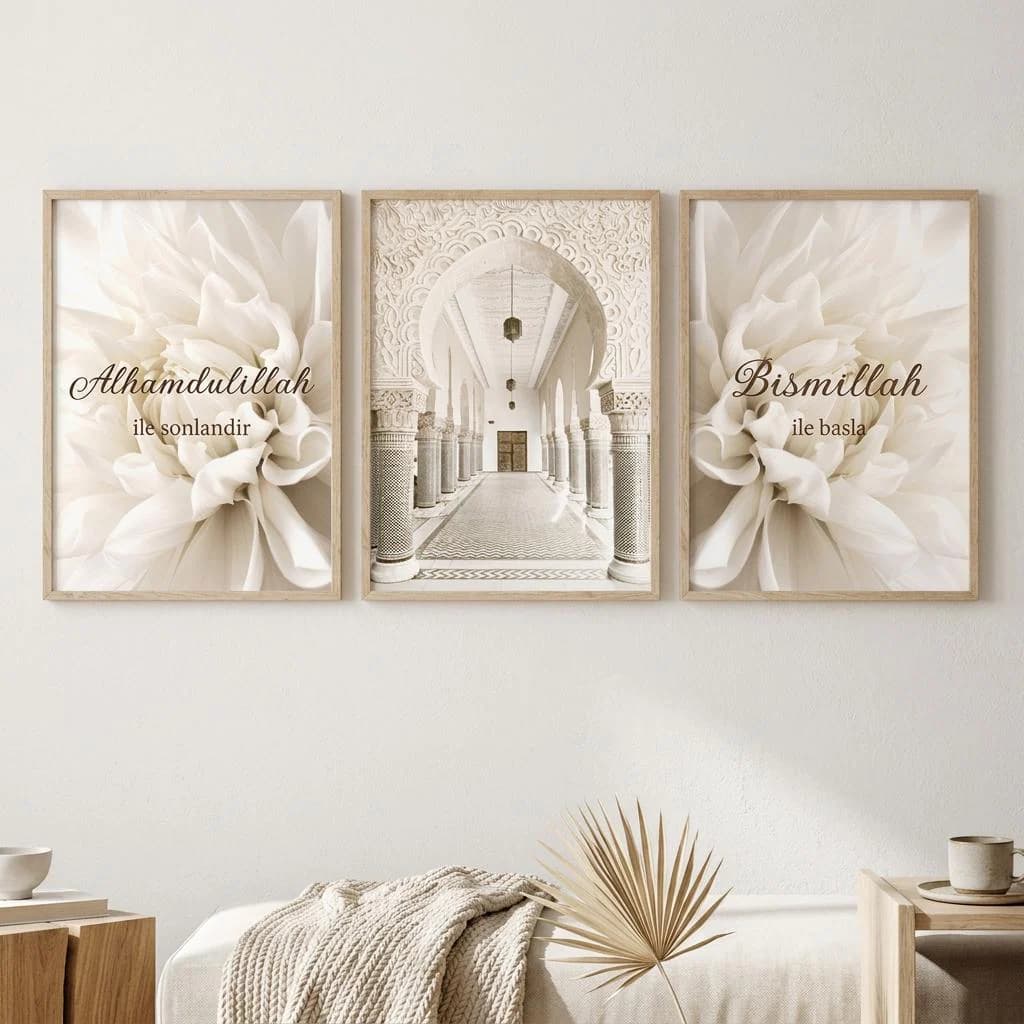Alhamdulillah Islamic Wall Art Set of 3, Beige Flower Canvas Prints with Bismillah Quotes