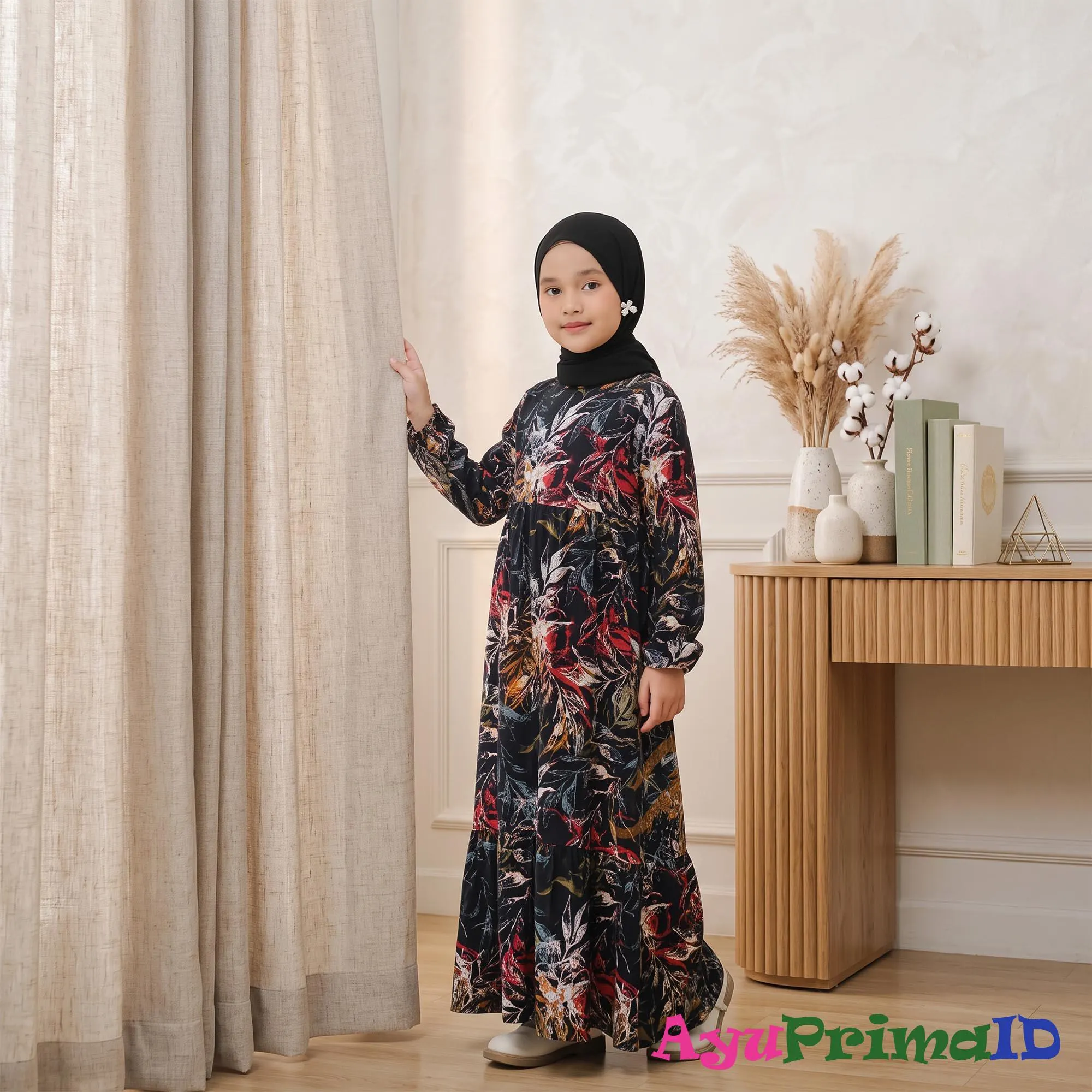 Girls Black Floral Abaya Set Kids Syari Hijab Rayon Maxi Eid Outfit - image 3