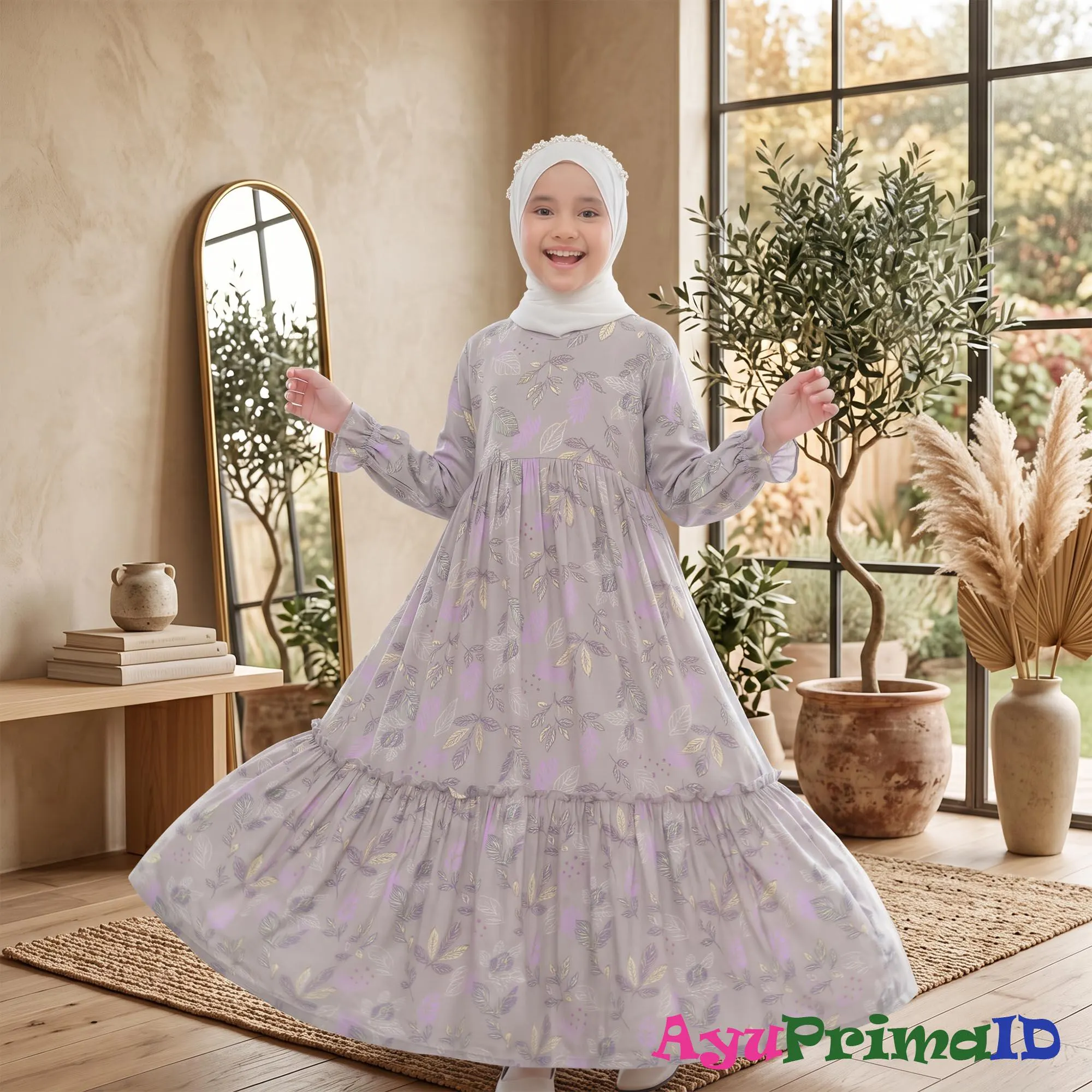 Girls Floral Abaya Dress Kids Khaki Rayon Maxi Gown Modest Eid Outfit - image 3
