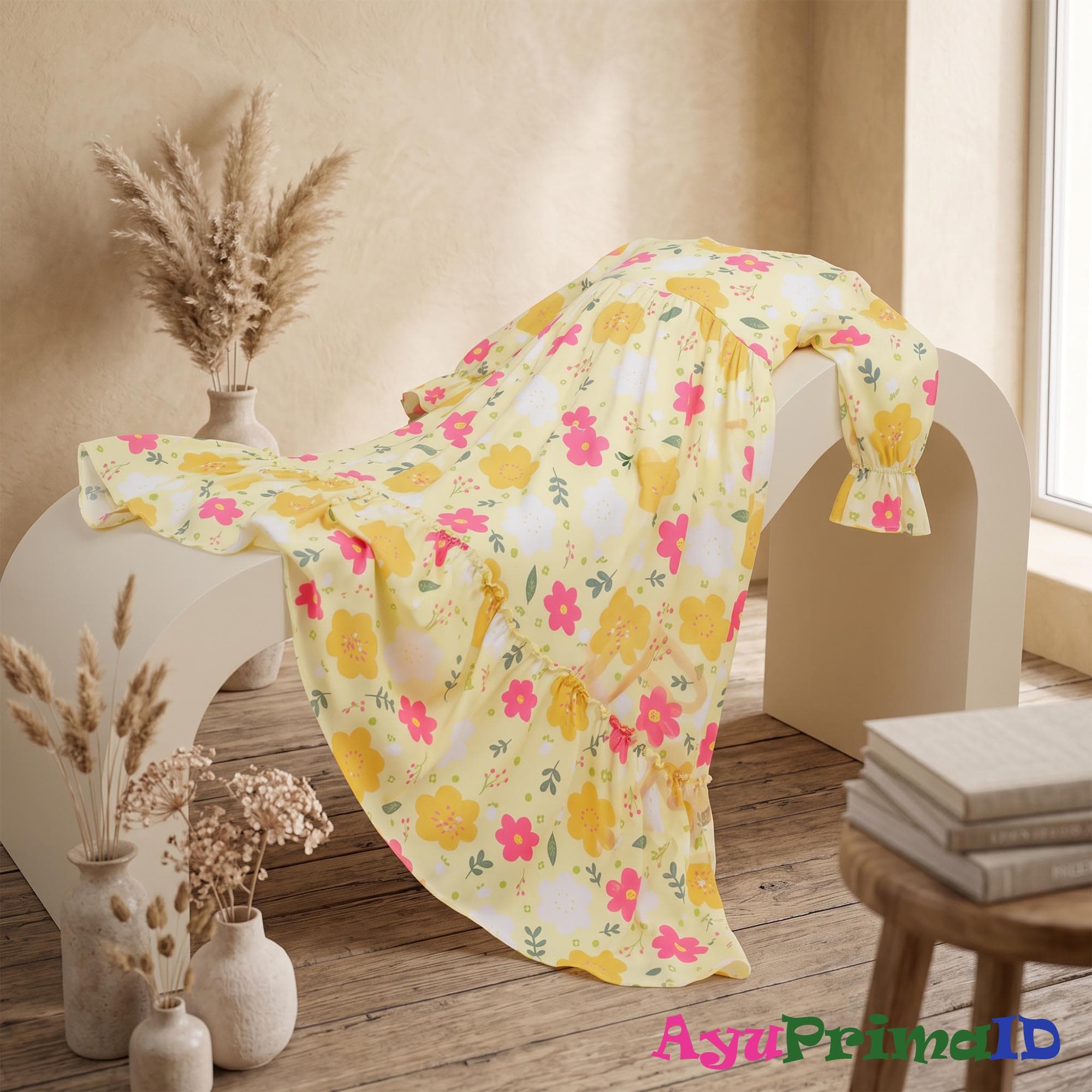 Girls Floral Abaya Dress Set Kids Yellow Hijab Outfit Eid Maxi Gown - image 4