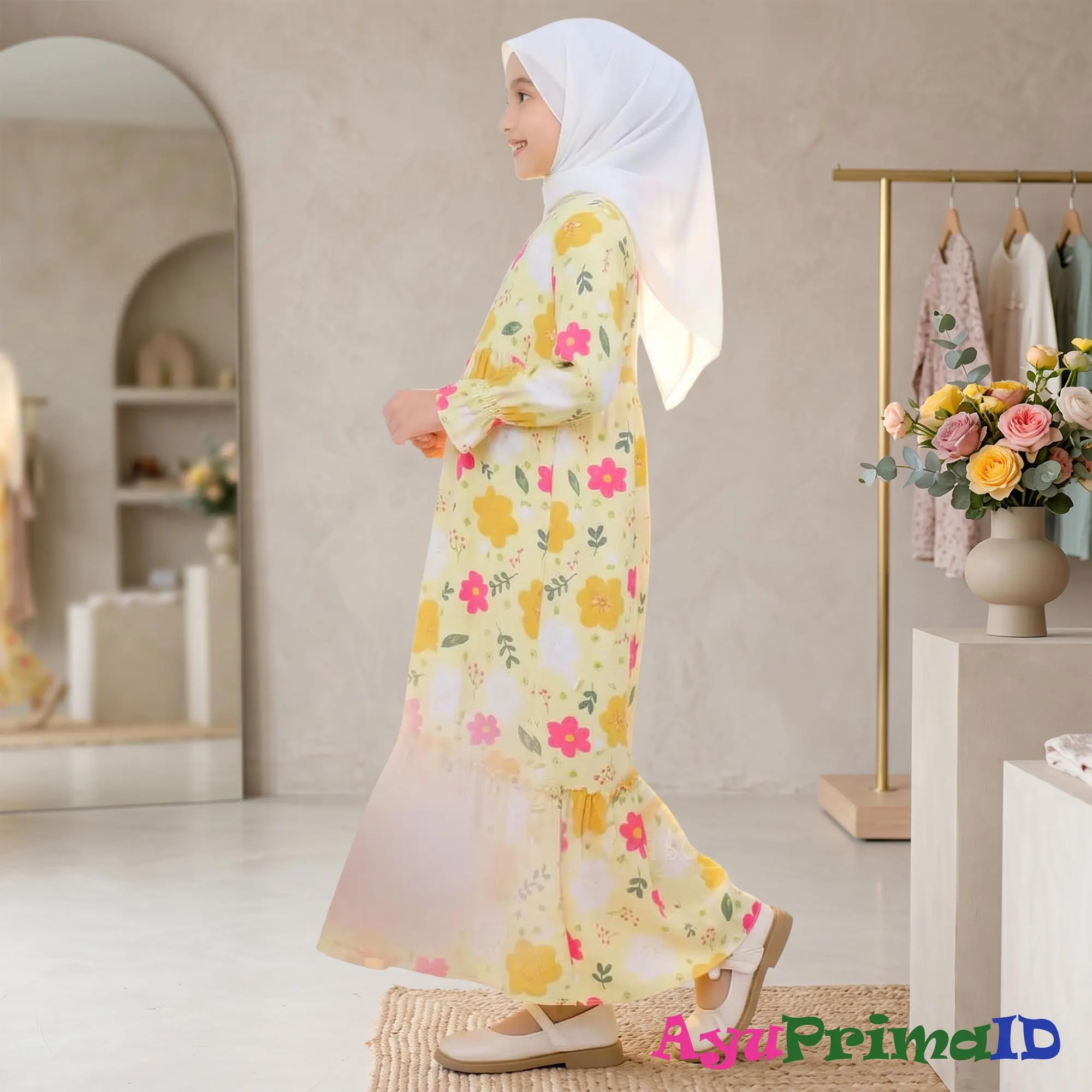 Girls Floral Abaya Dress Set Kids Yellow Hijab Outfit Eid Maxi Gown - image 3