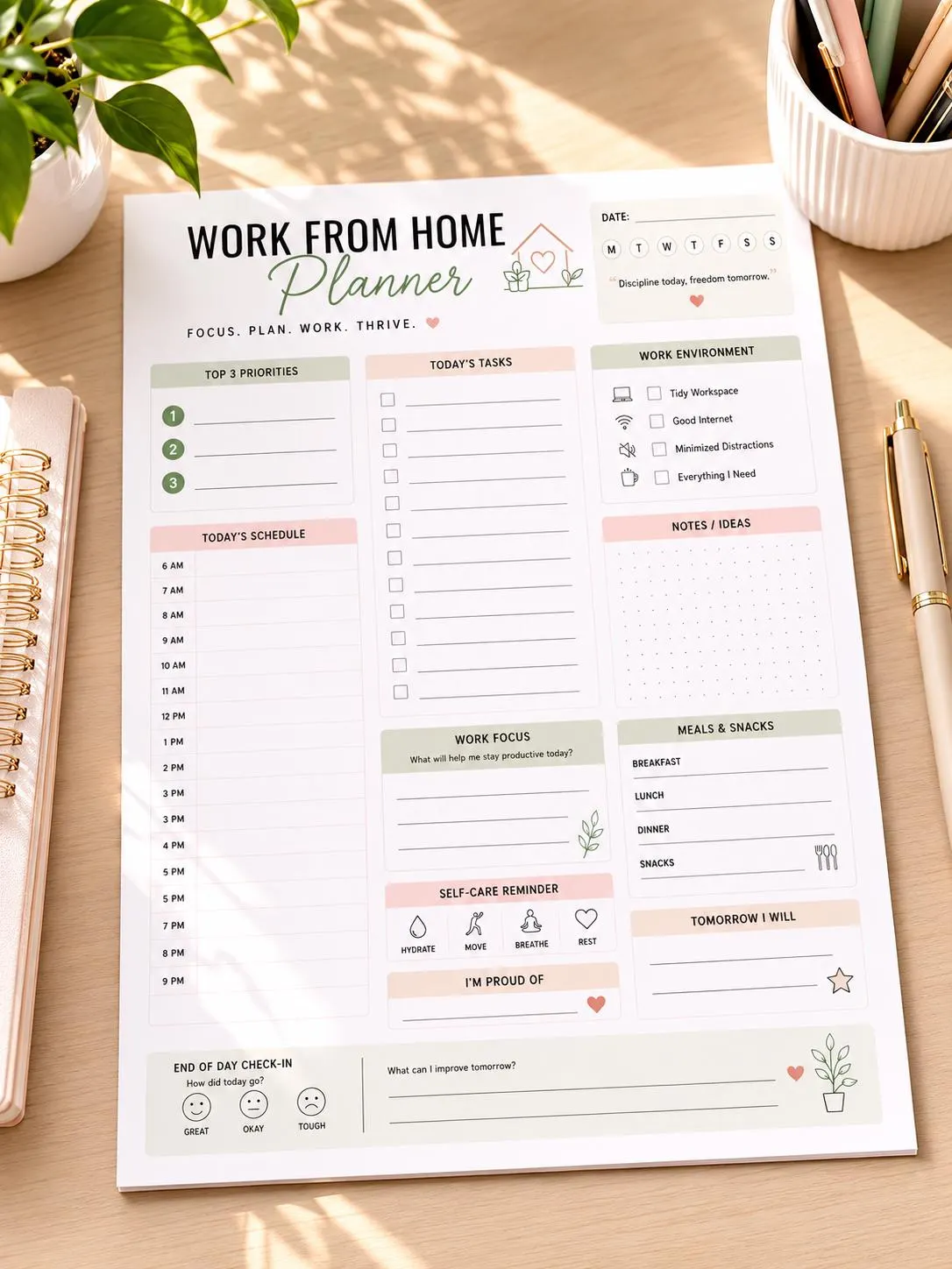 Work From Home Planner Printable | Daily Productivity Planner | Home Office Organizer | Digital Planner | US Letter | Instant Download