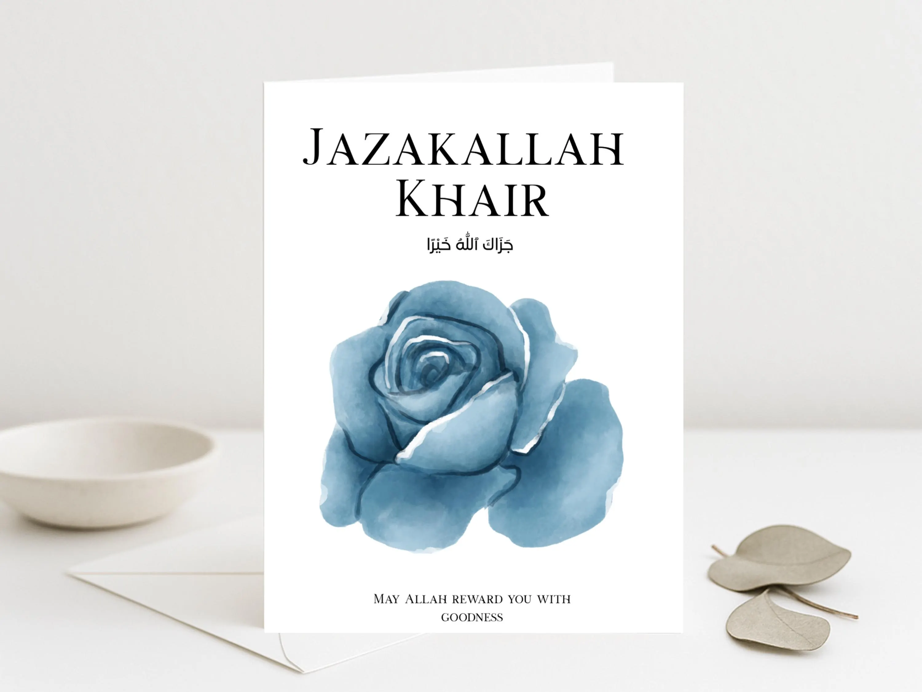 Jazakallah Khair Card, Neutral Arabic Design, Blue Flower Design, Islamic Thank You Greeting