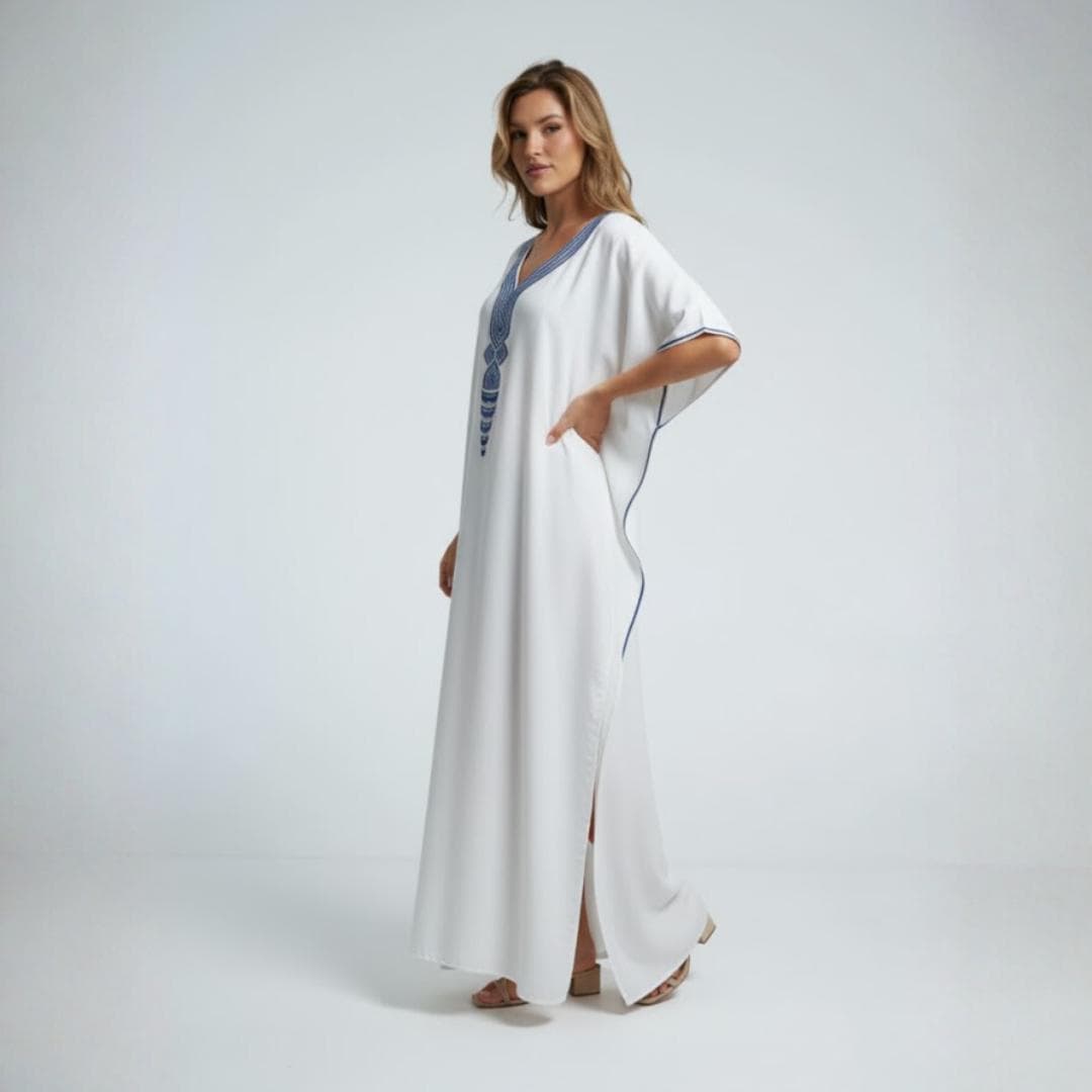 Handmade Linen Kaftan: Moroccan Maxi Dress with Blue Embroidery - image 3