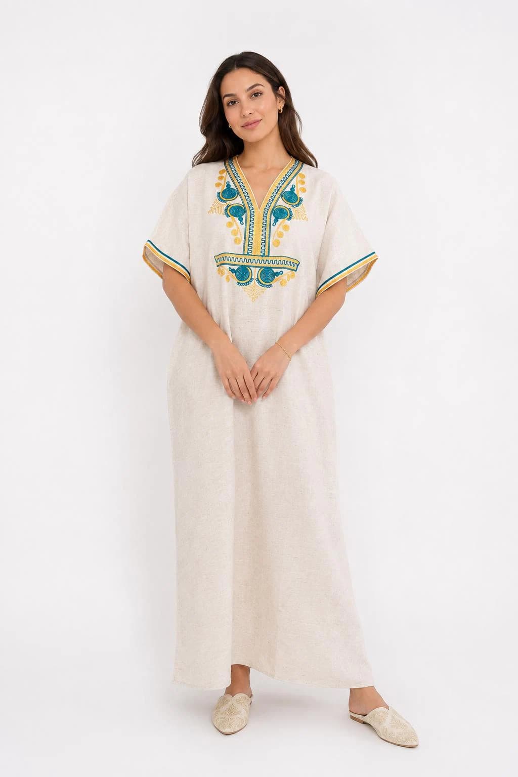Handmade Moroccan Linen Gandoura, Embroidered Kaftan Dress, Summer Beach Resort Wear One Size