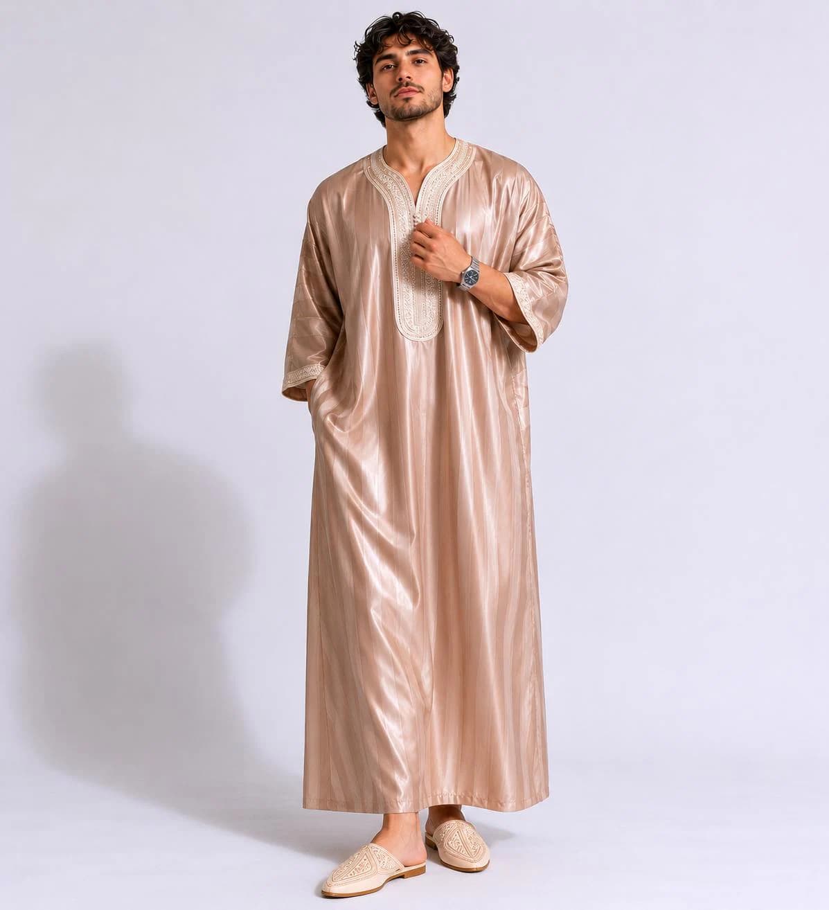 Moroccan Thobe Beige Gandoura, Sfiha Embroidery Cotton Blend Kaftan - image 5