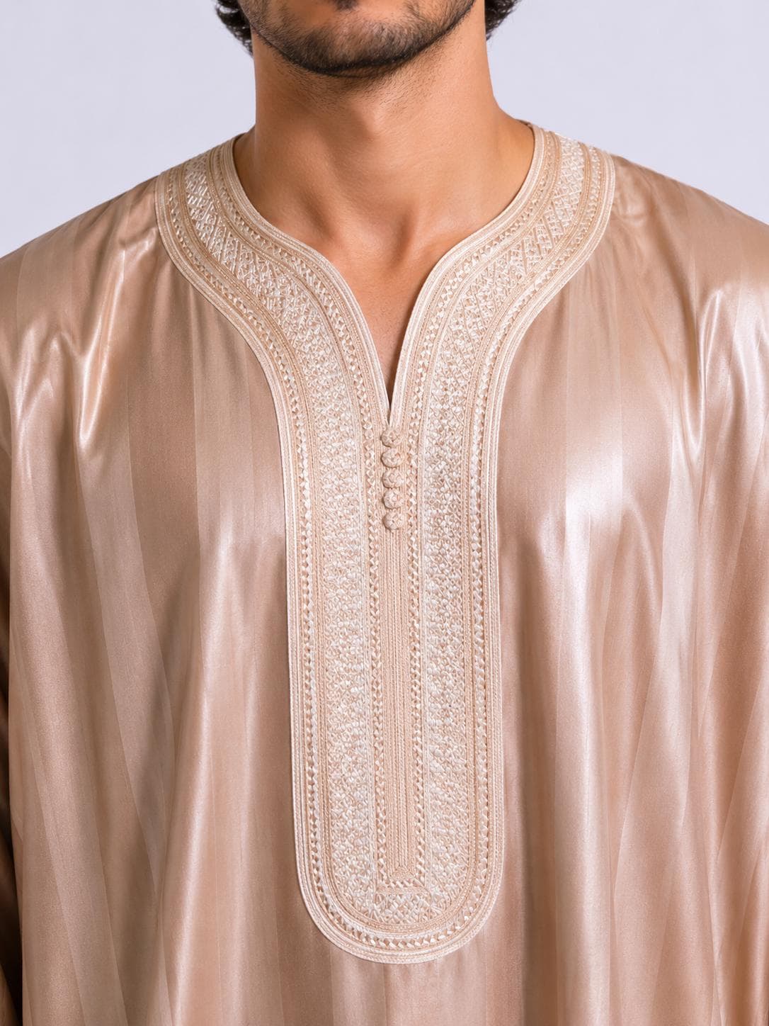 Moroccan Thobe Beige Gandoura, Sfiha Embroidery Cotton Blend Kaftan - image 4
