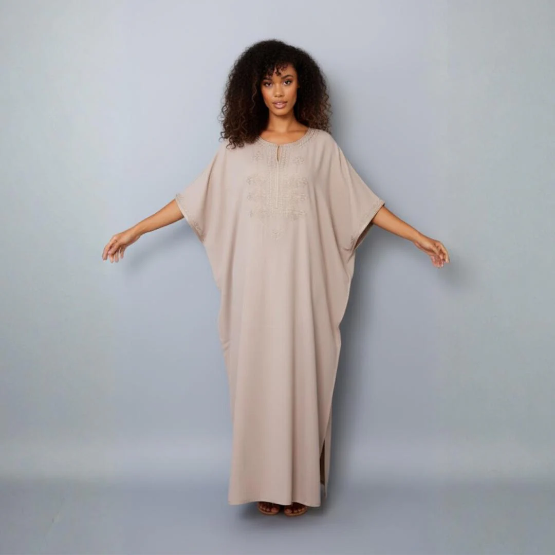 Beige Moroccan Cotton Gandoura: Handmade Embroidered Maxi Dress - image 3