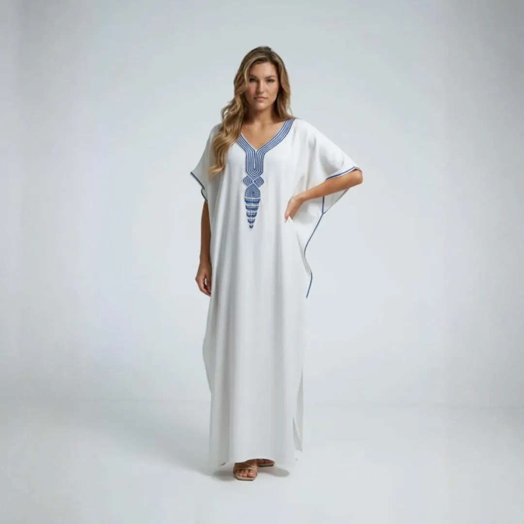 Handmade Linen Kaftan: Moroccan Maxi Dress with Blue Embroidery