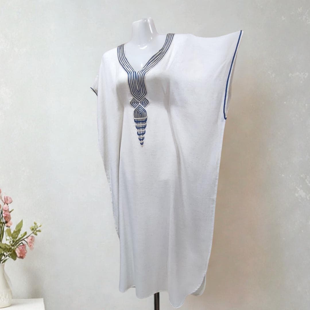 Handmade Linen Kaftan: Moroccan Maxi Dress with Blue Embroidery - image 5