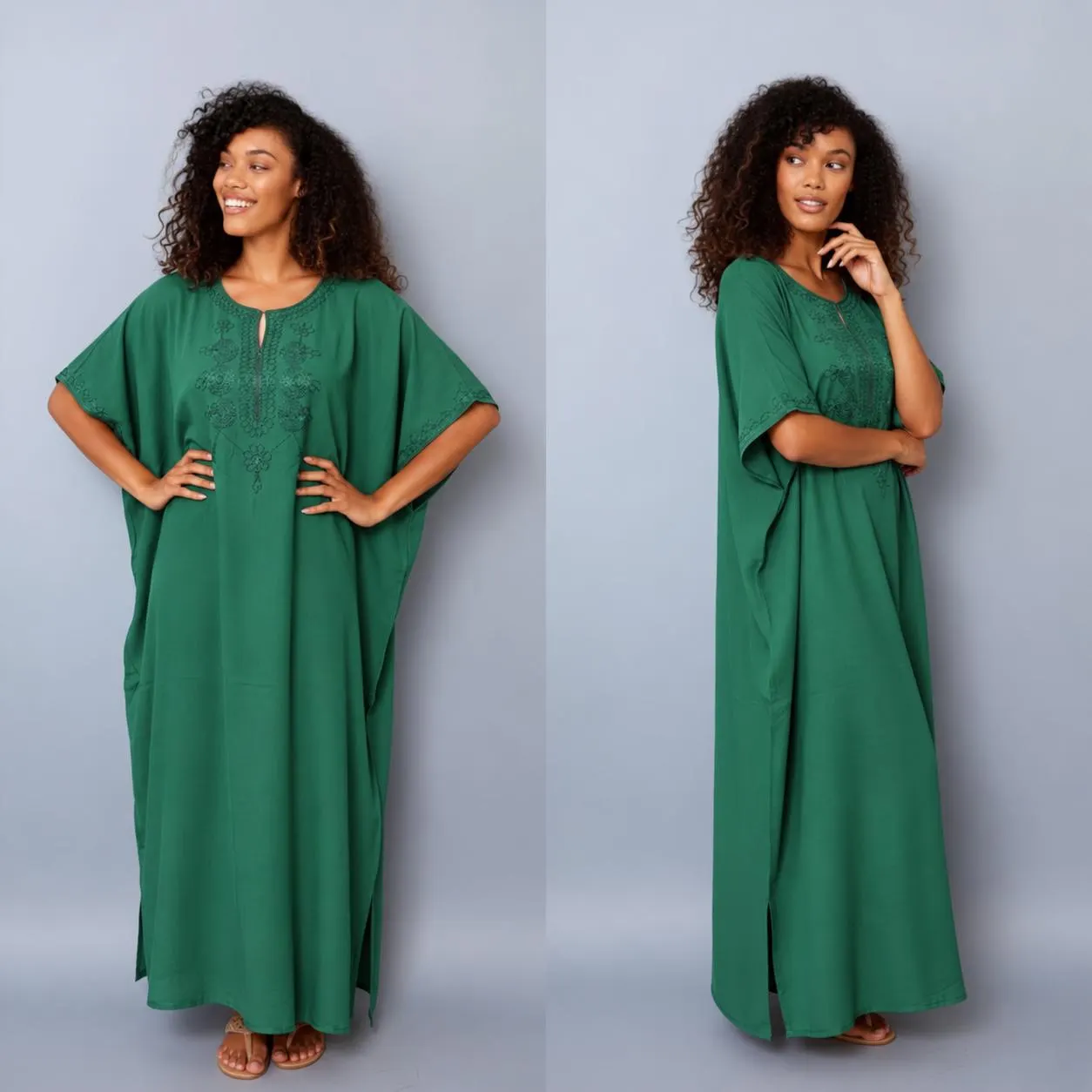 Green Moroccan Kaftan Dress: Embroidered Cotton Maxi Dress