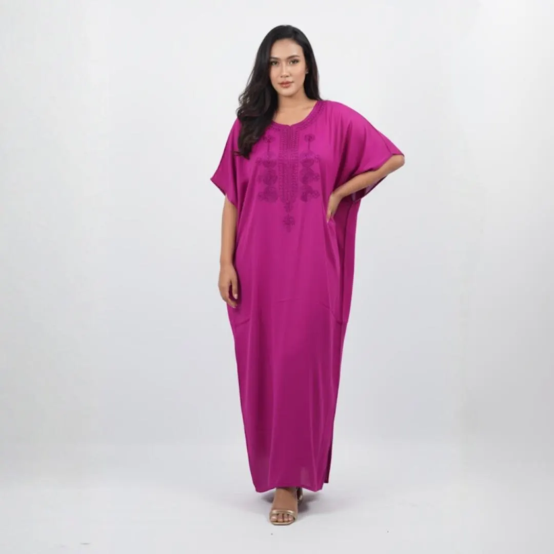 Pink Moroccan Cotton Kaftan Dress - Embroidered Maxi, One Size - image 2