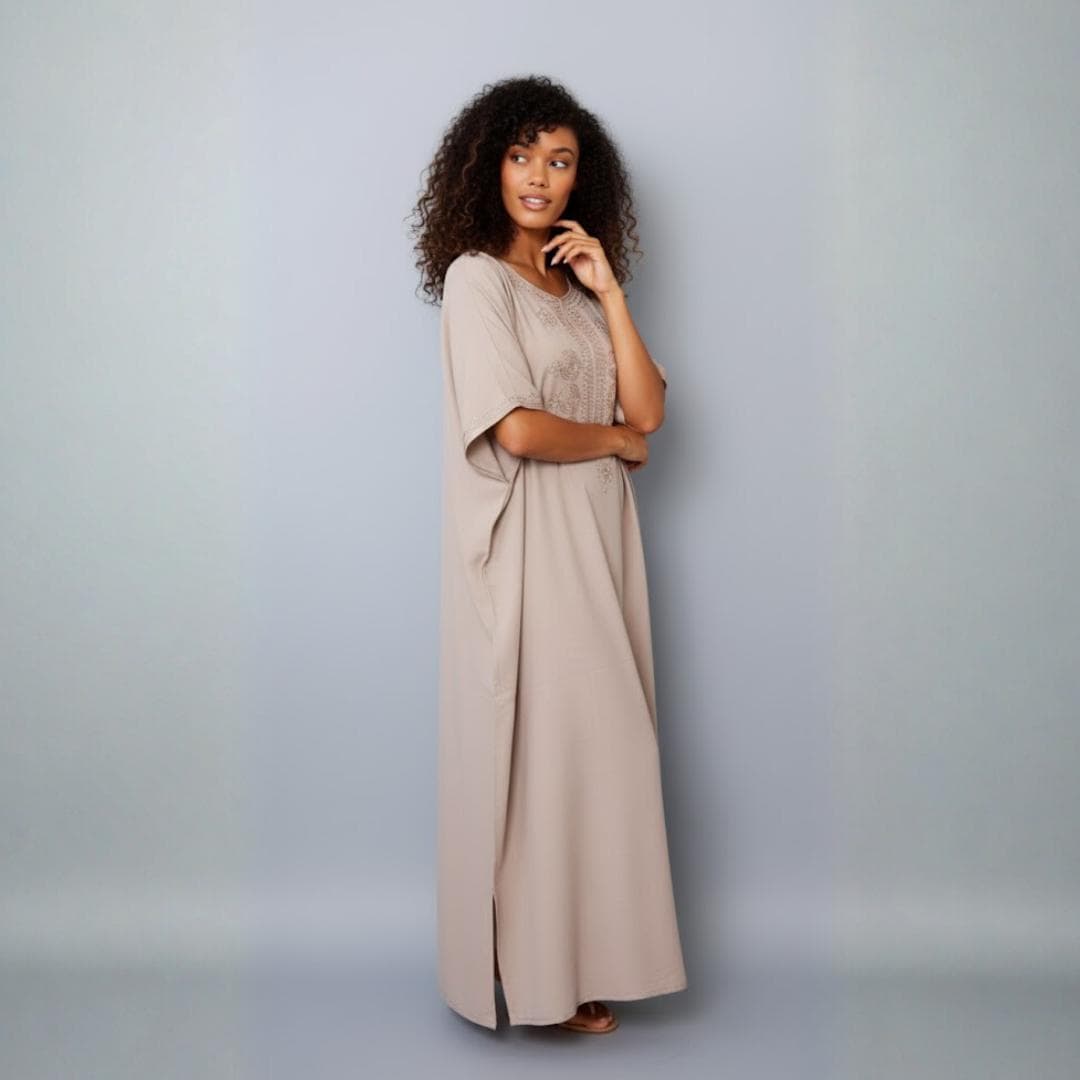 Beige Moroccan Cotton Gandoura: Handmade Embroidered Maxi Dress - image 5