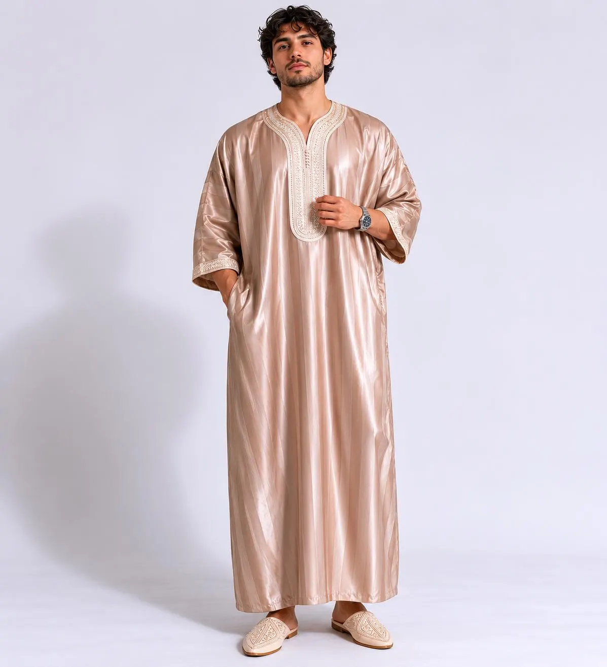 Moroccan Thobe Beige Gandoura, Sfiha Embroidery Cotton Blend Kaftan