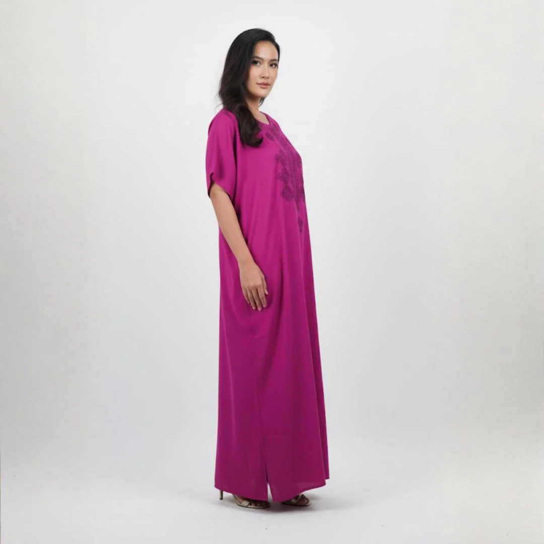Pink Moroccan Cotton Kaftan Dress - Embroidered Maxi, One Size - image 3