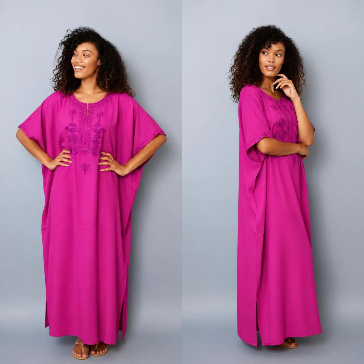 Pink Moroccan Cotton Kaftan Dress - Embroidered Maxi, One Size