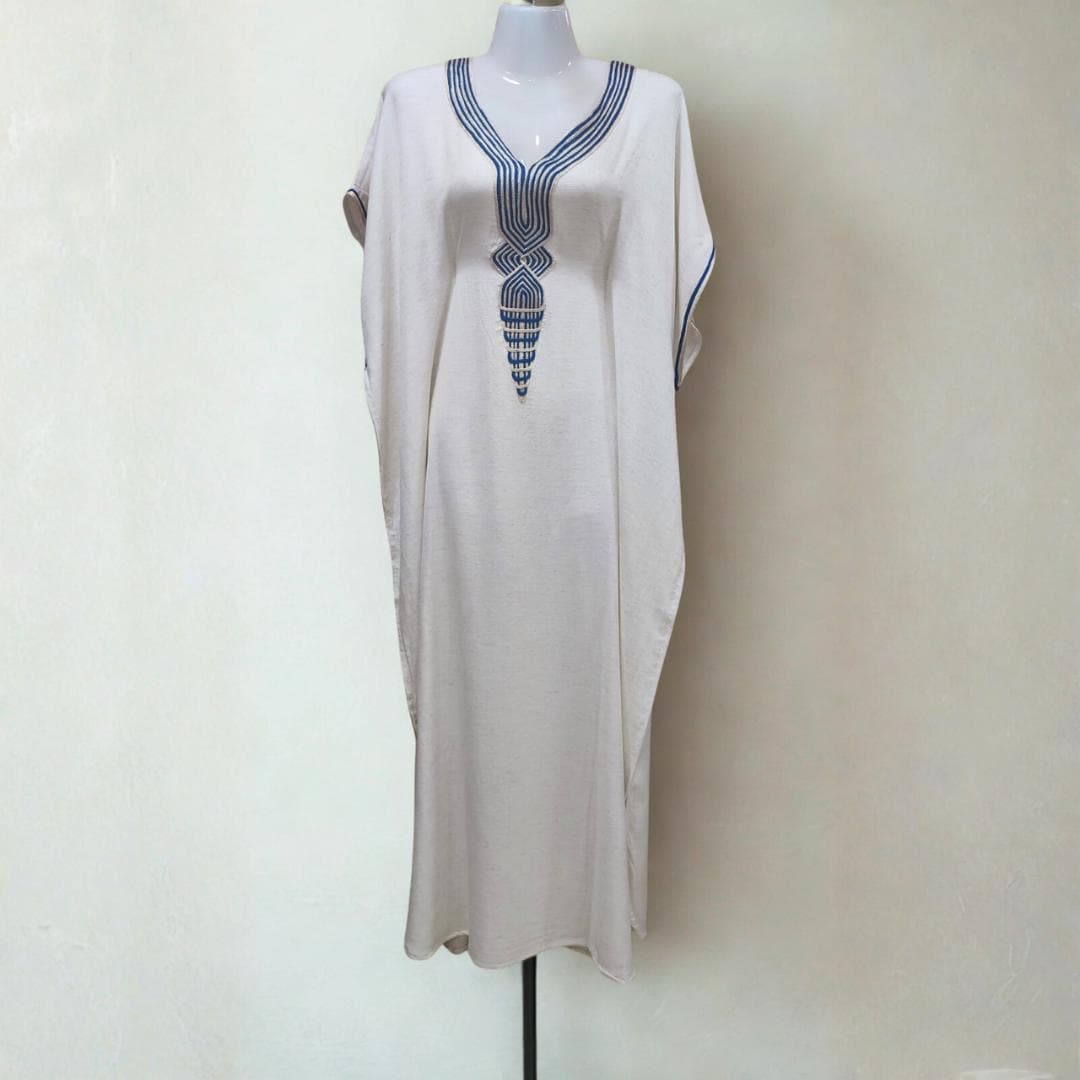 Handmade Linen Kaftan: Moroccan Maxi Dress with Blue Embroidery - image 4