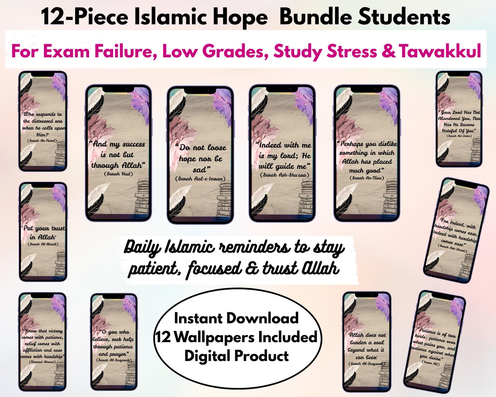 Student Exam Motivation Islamic Wallpaper Bundle | Quran Verses for Muslim Students | Tawakkul Study Motivation | 12 Phone Wallpapers