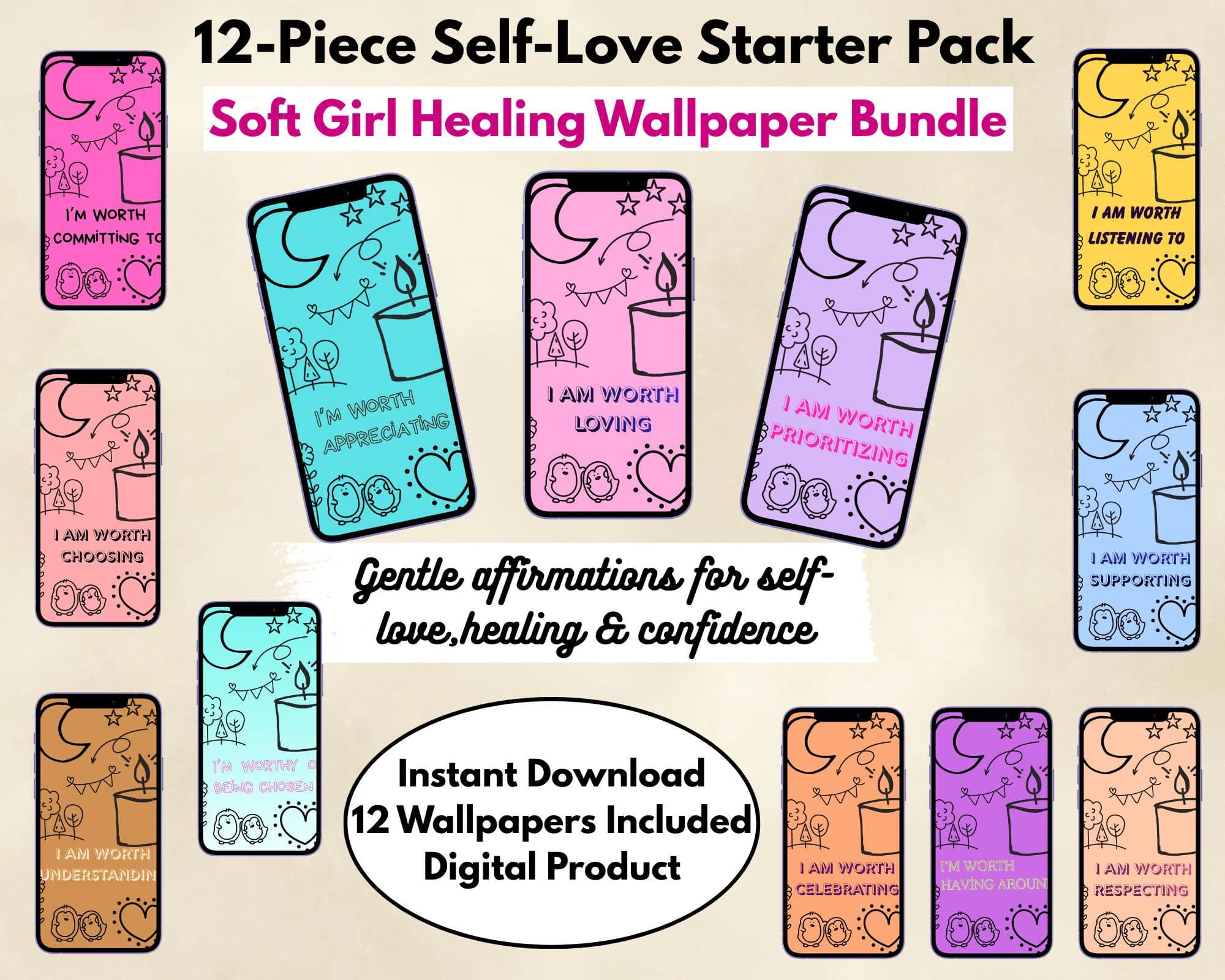 Pastel Self Love Phone Wallpaper Bundle, Cute Affirmation Lockscreen, Soft Girl Aesthetic iOS Android Backgrounds Digital Download