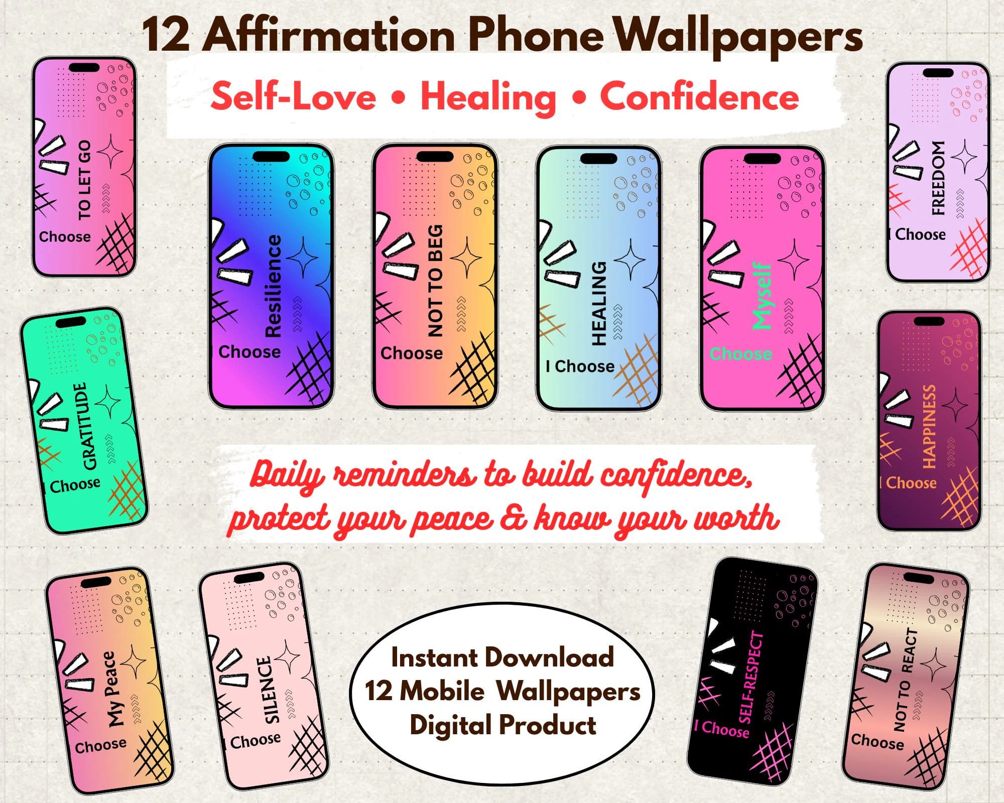 Soft Girl Healing Wallpaper Bundle, Cute Self Love Phone Wallpapers, Affirmation Lockscreen iOS Android Background Digital Download