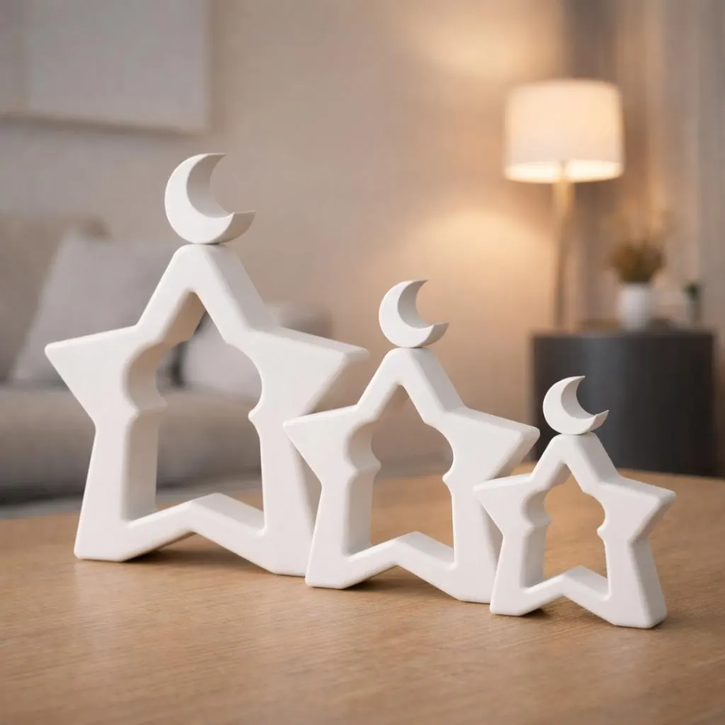 Ramadan and Eid Mubarak Decoration Set, Islamic Star Crescent Table Decor, Modern Muslim Home Accent, Unique 3D Printed Gift