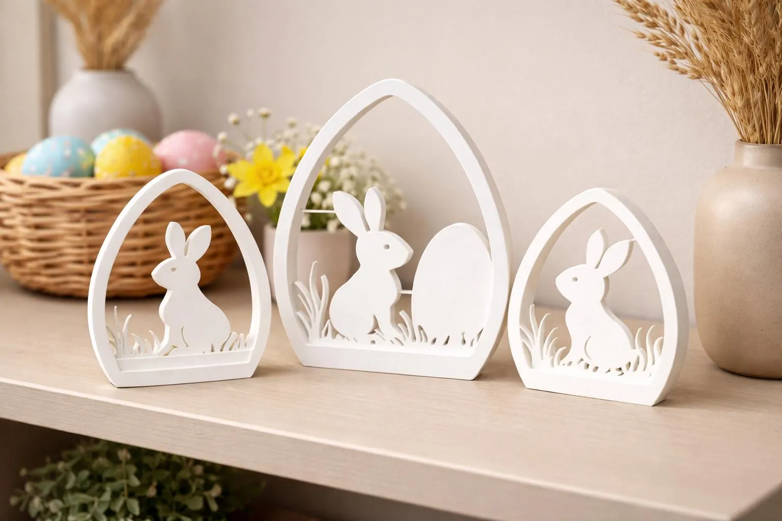 Set of 3 Easter Bunny 3D Print Decor – Modern Egg Silhouette Rabbit – Matte PLA Spring Shelf Decoration – Minimalist Easter Home Decor