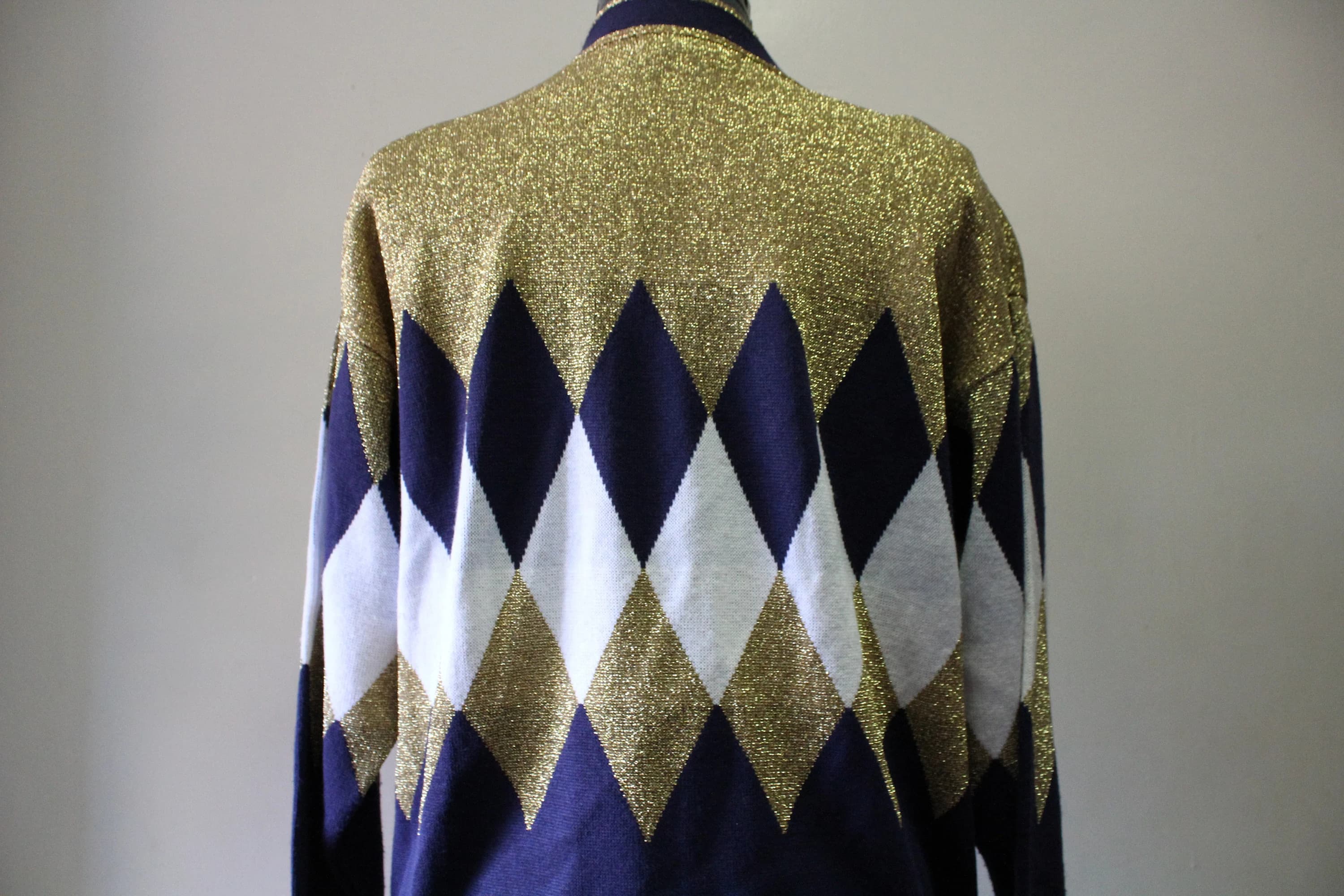 Vintage Alexandra Jordyn Argyle Pattern Gold Metallic Acrylic Cardigan Knit Sweater 1980s - image 5