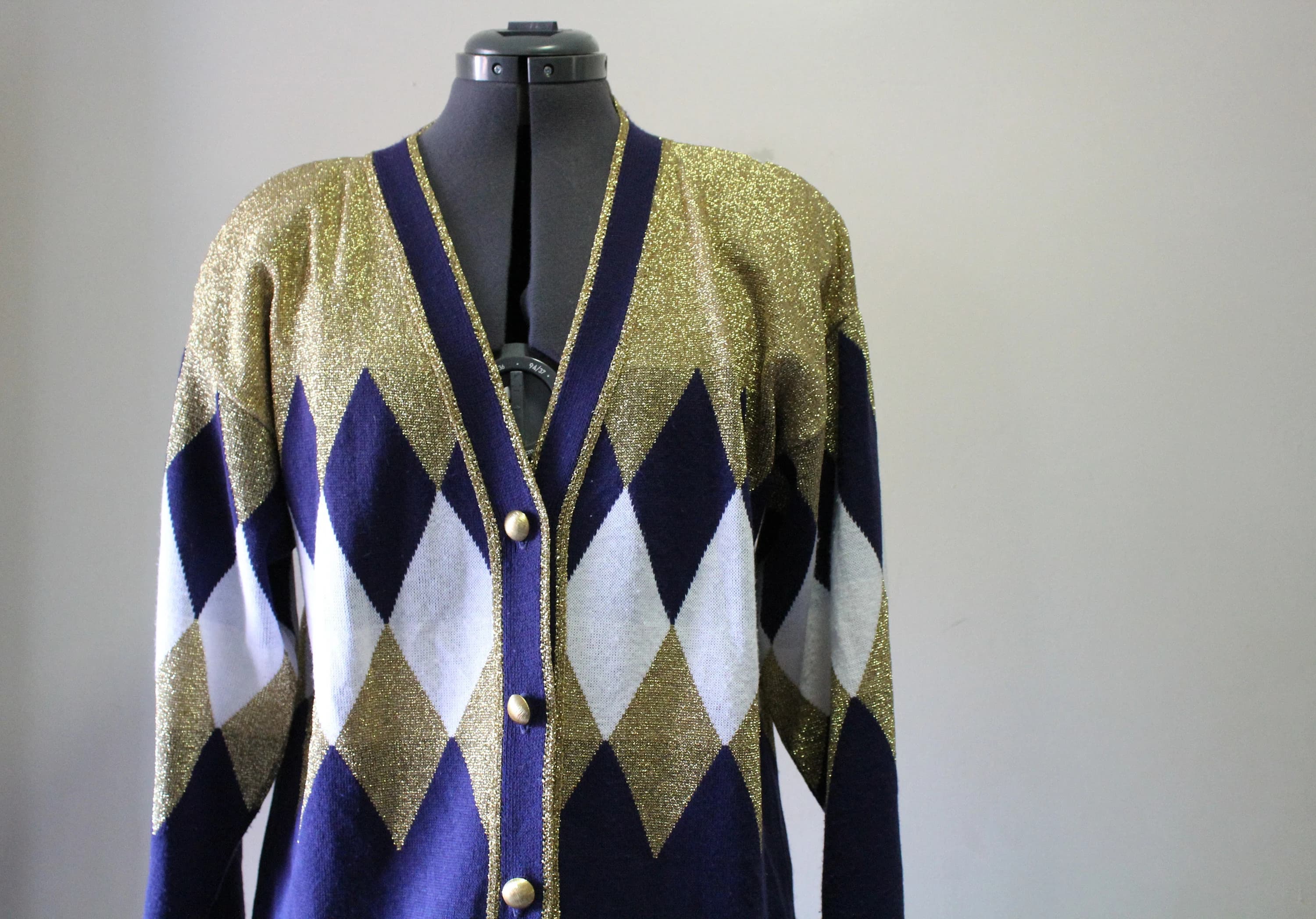 Vintage Alexandra Jordyn Argyle Pattern Gold Metallic Acrylic Cardigan Knit Sweater 1980s