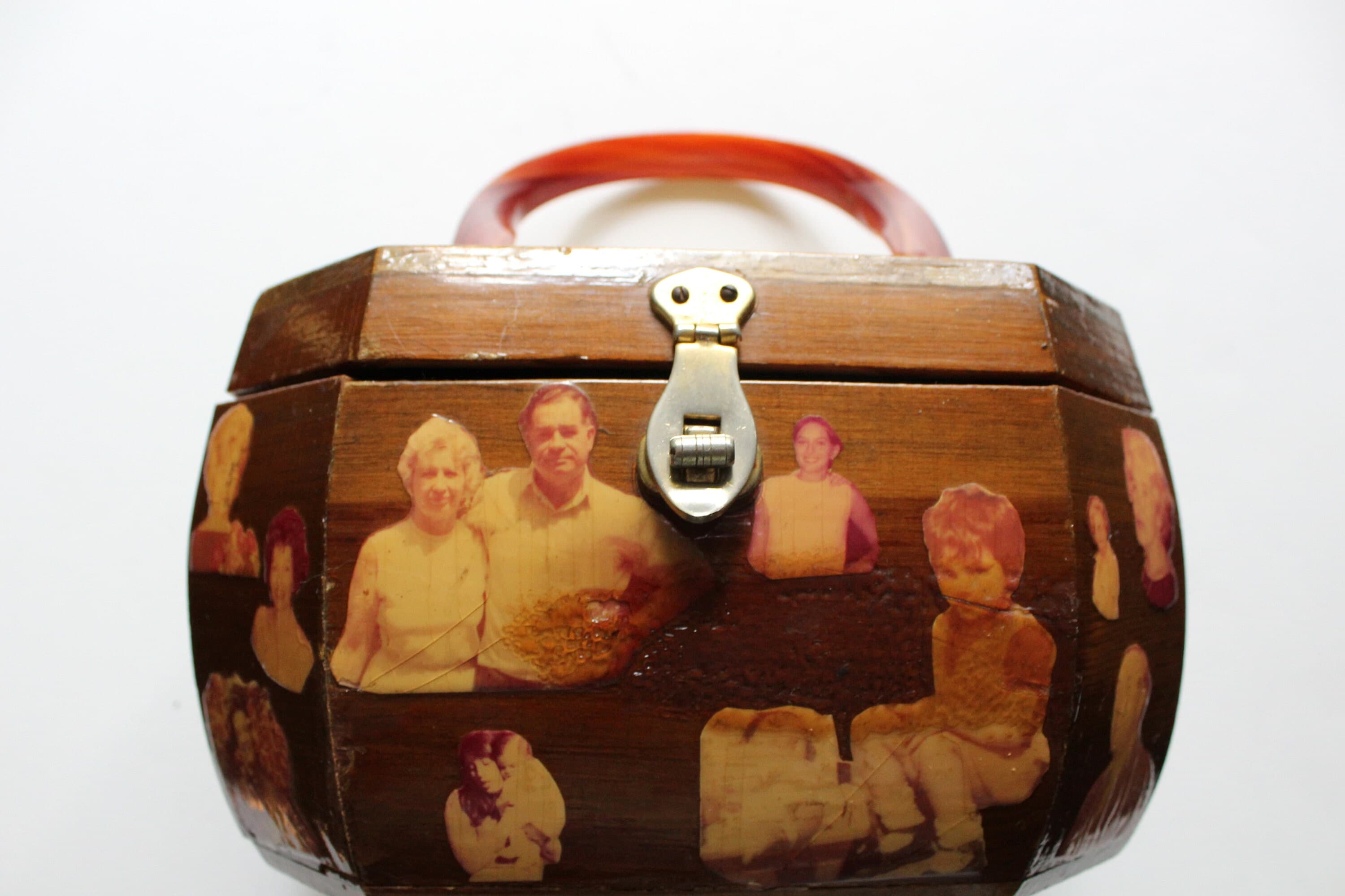 Vintage Wooden Decoupage Family Photos Handbag With Lucite Handle 1960s - image 3