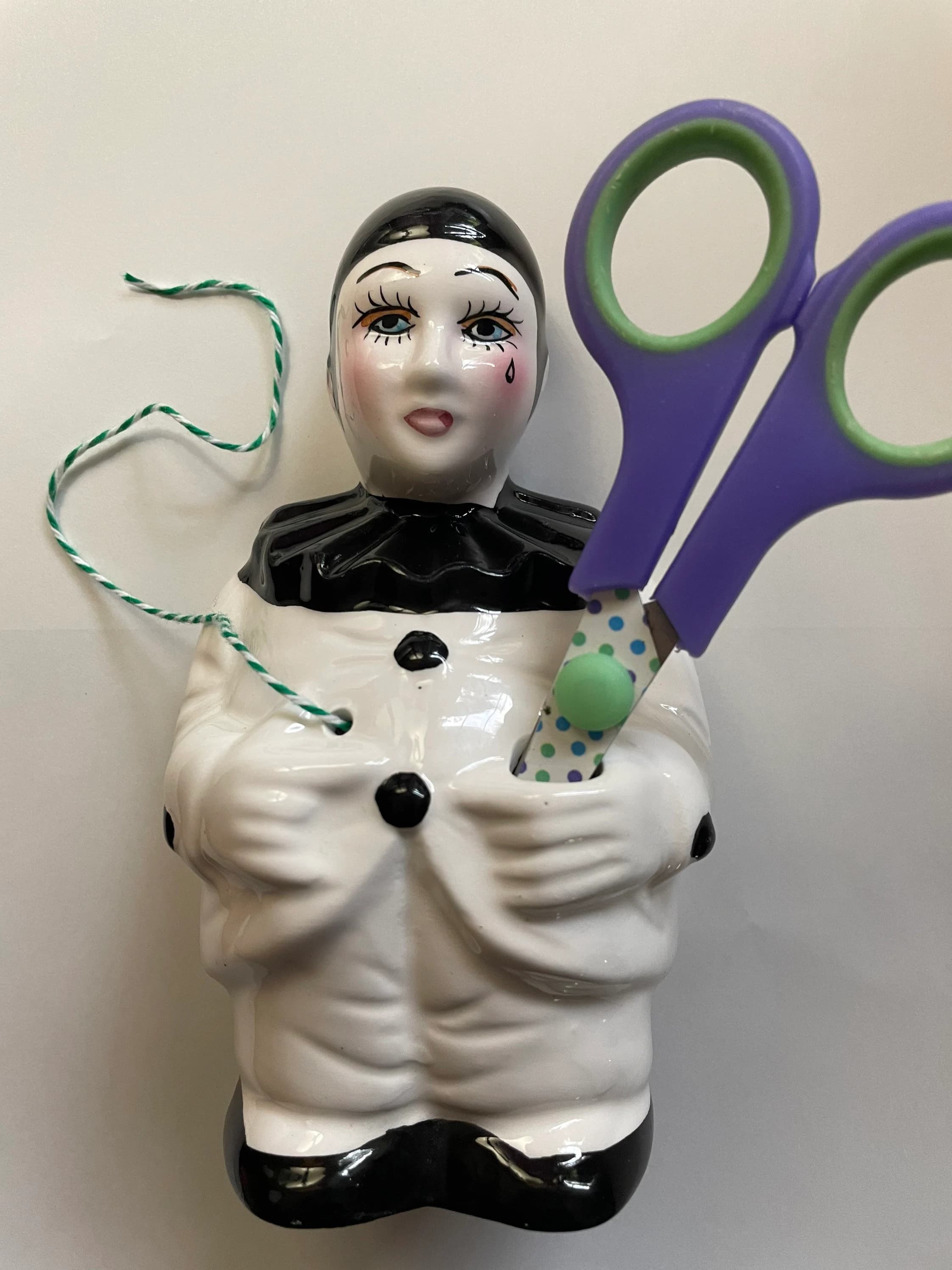 Vintage Ceramic Pierrot Mime Yarn - String Dispenser Statue Wall Hanging 1980s