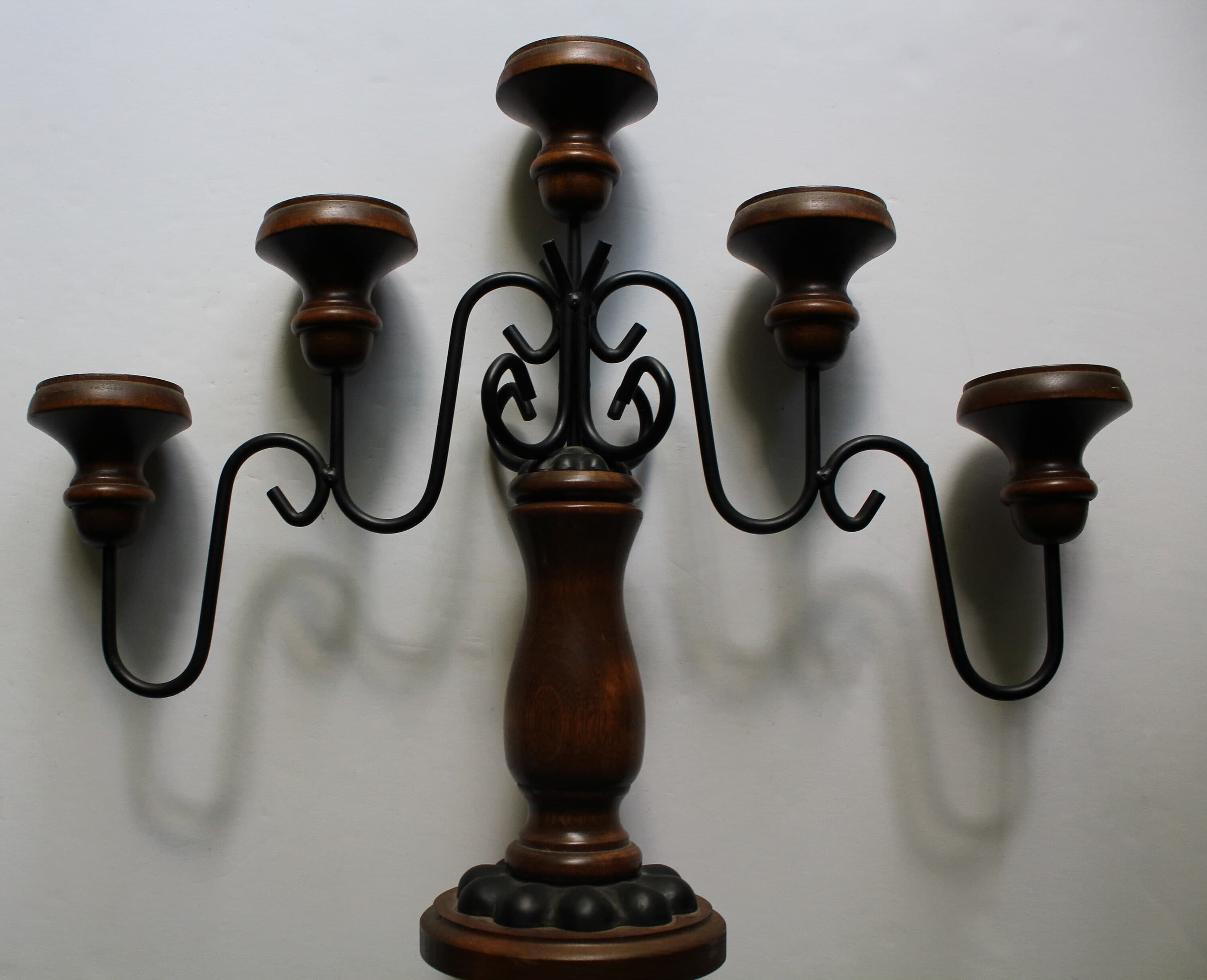 Vintage Pair of Homco Wrought Iron And Wood 5 Arm Candelabra Taper Candlestick Holders 1970s - image 3