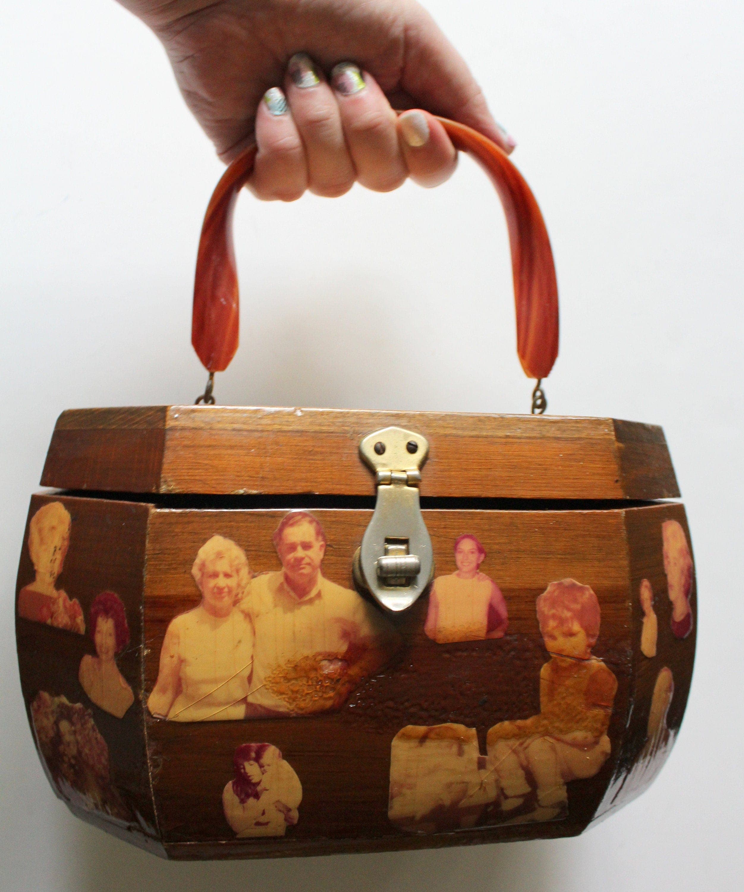Vintage Wooden Decoupage Family Photos Handbag With Lucite Handle 1960s