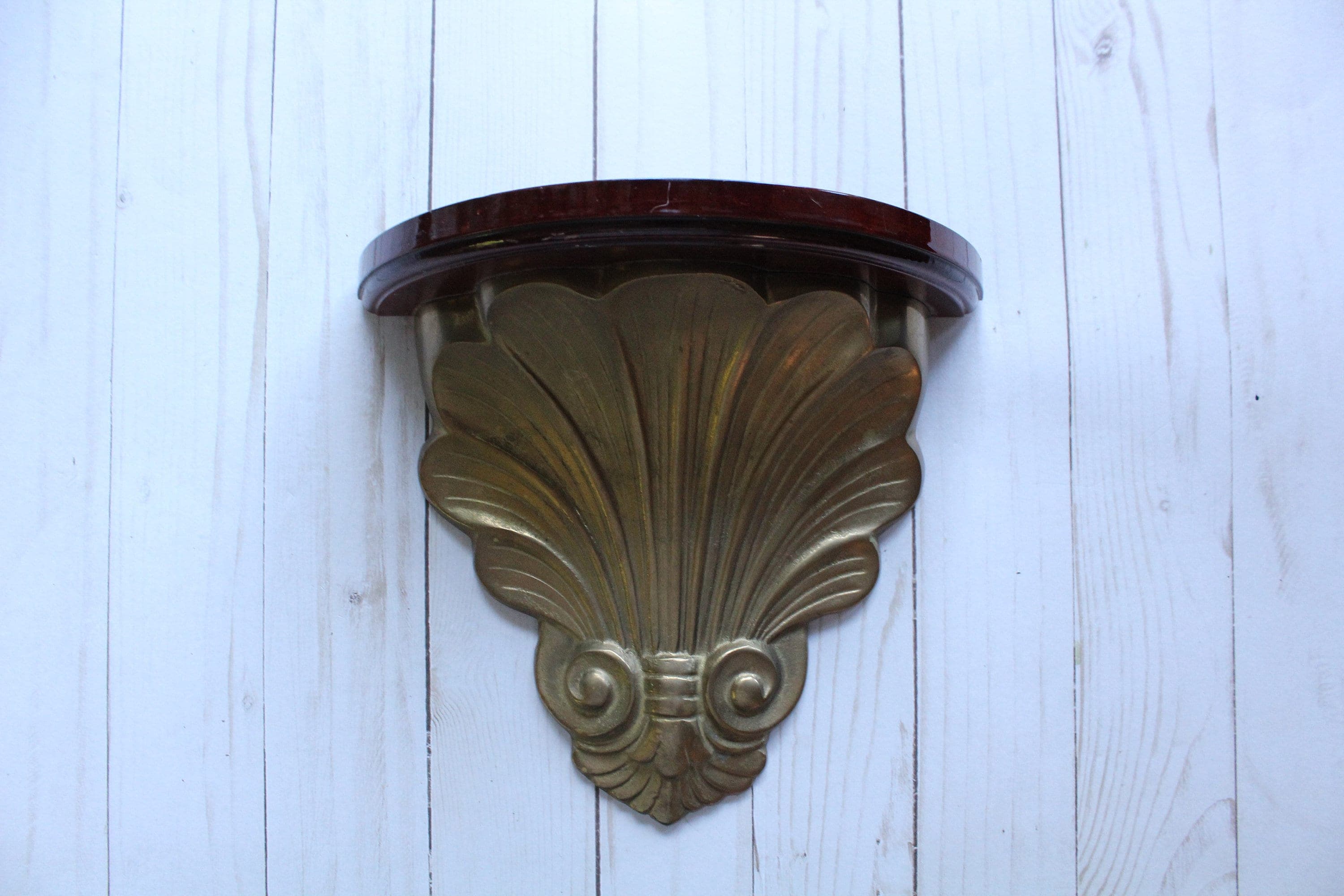 Vintage Wood And Brass Decorative Slotted Shelf 1980s