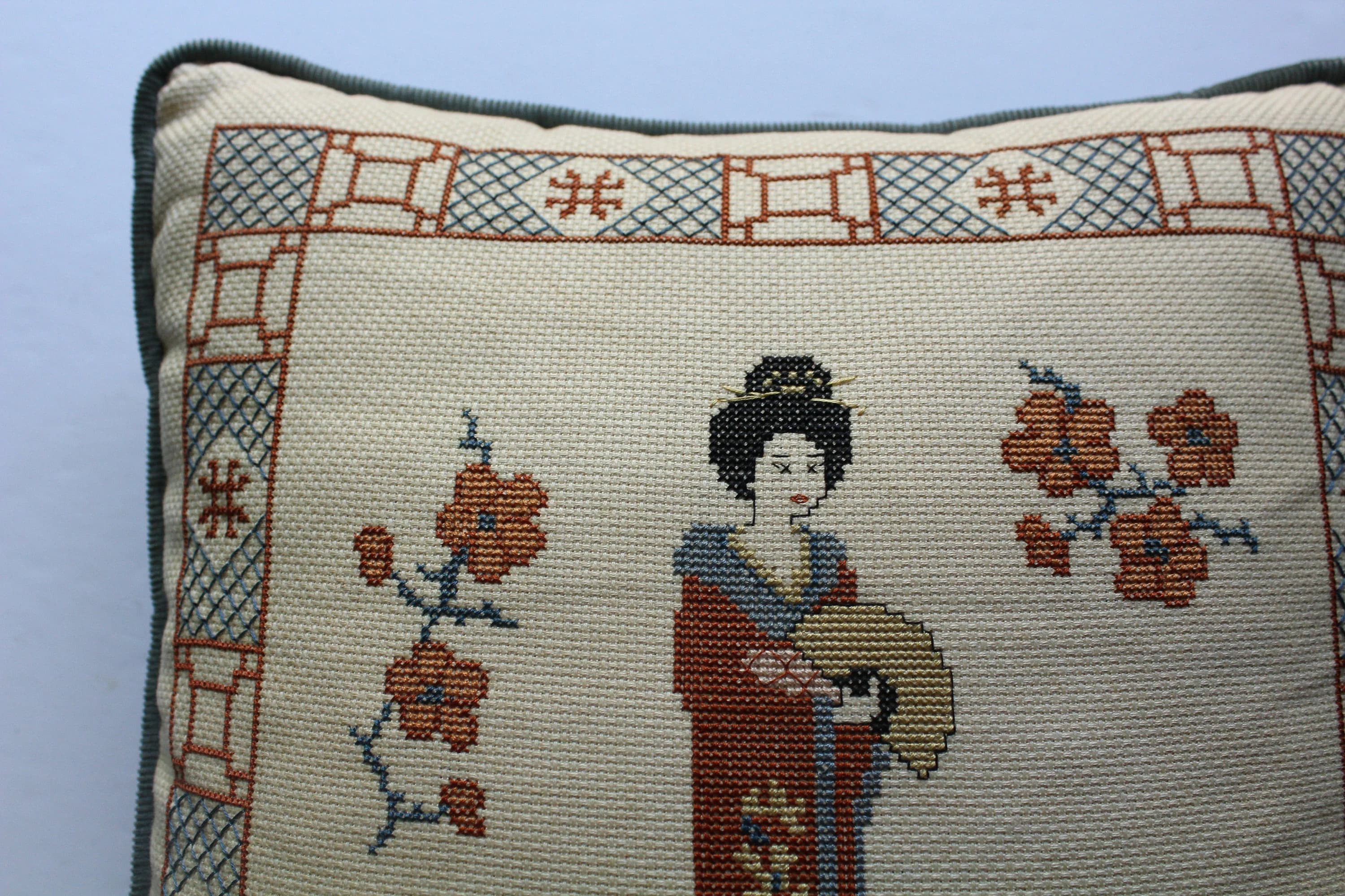 Vintage Japanese Lady In Kimono Cross-Stitch Decorative Toss Pillow 1980s - image 4
