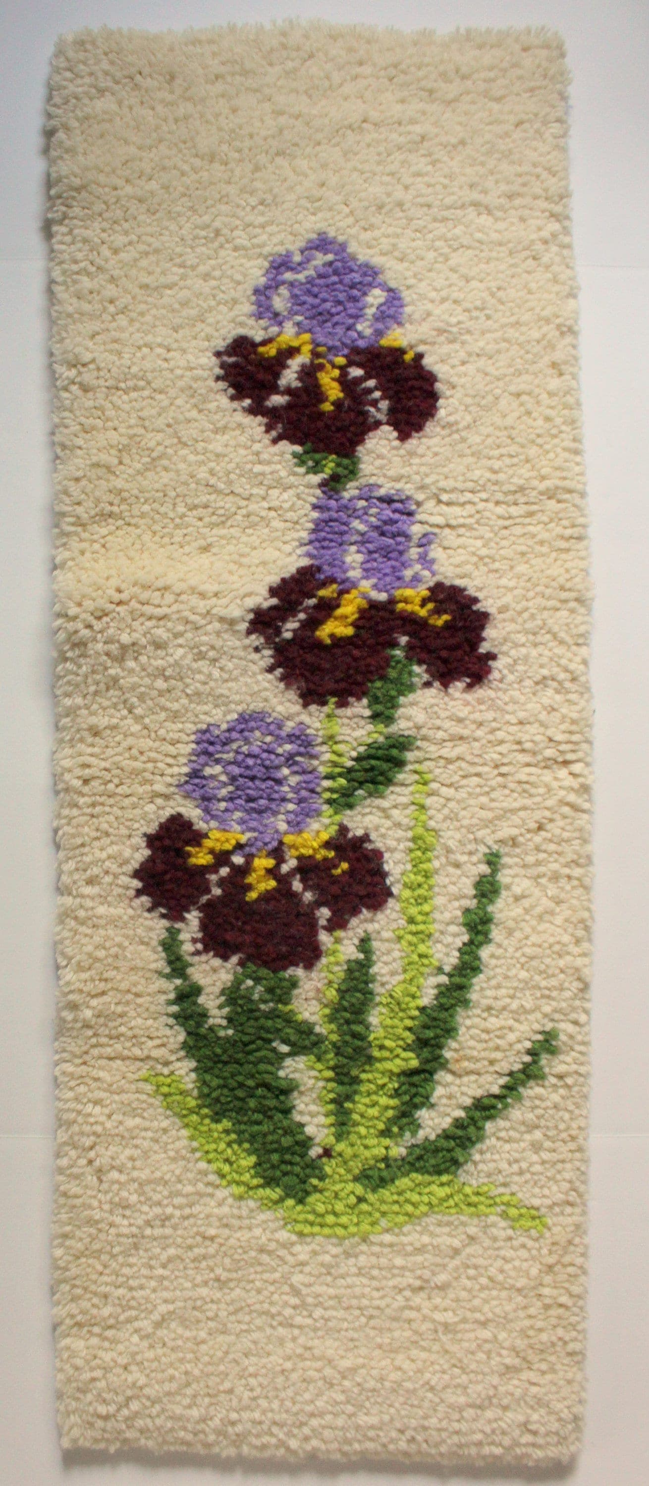Vintage Handmade Purple Iris Latch Hook Yarn Wall Hanging 1970s
