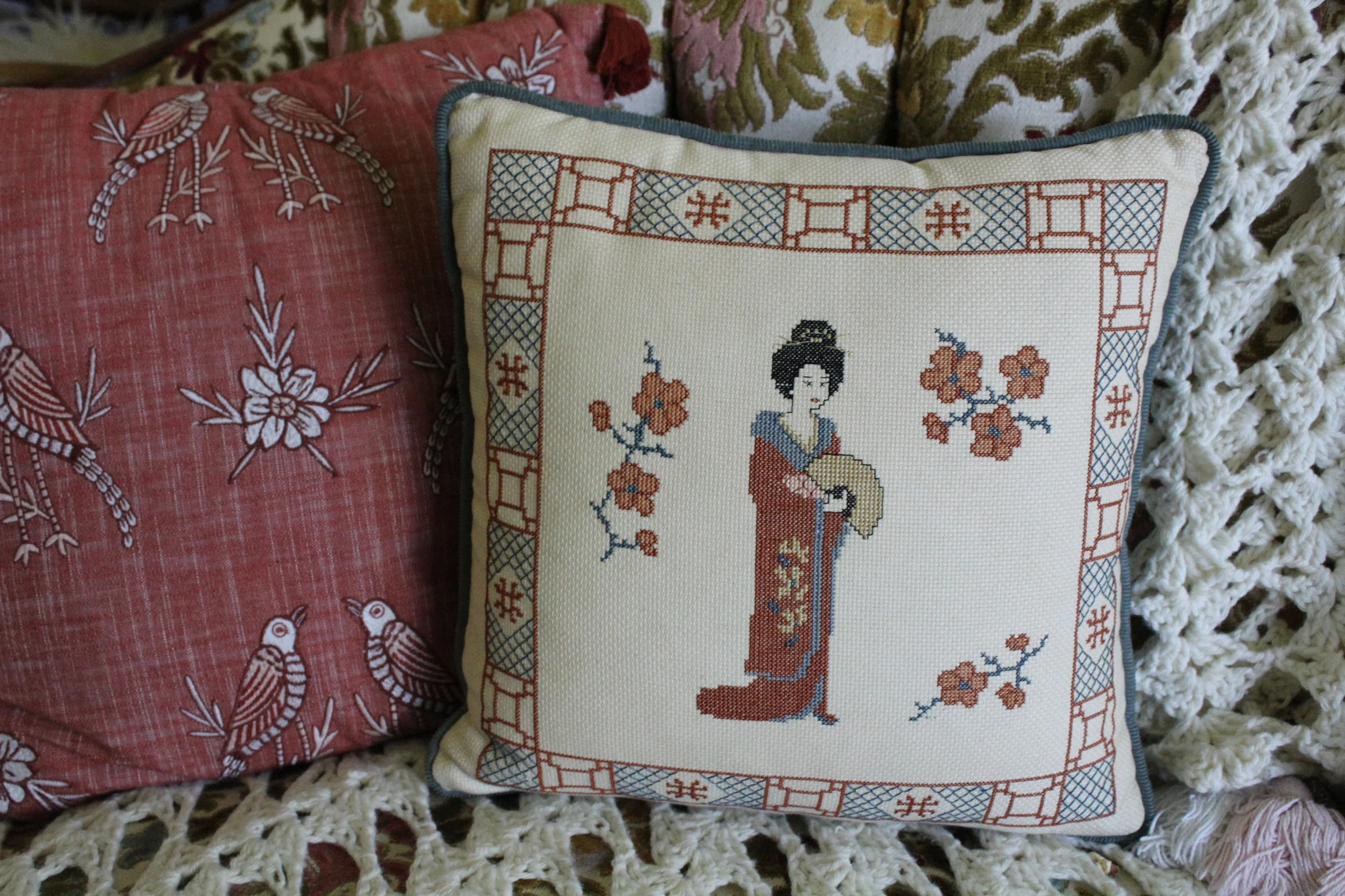 Vintage Japanese Lady In Kimono Cross-Stitch Decorative Toss Pillow 1980s