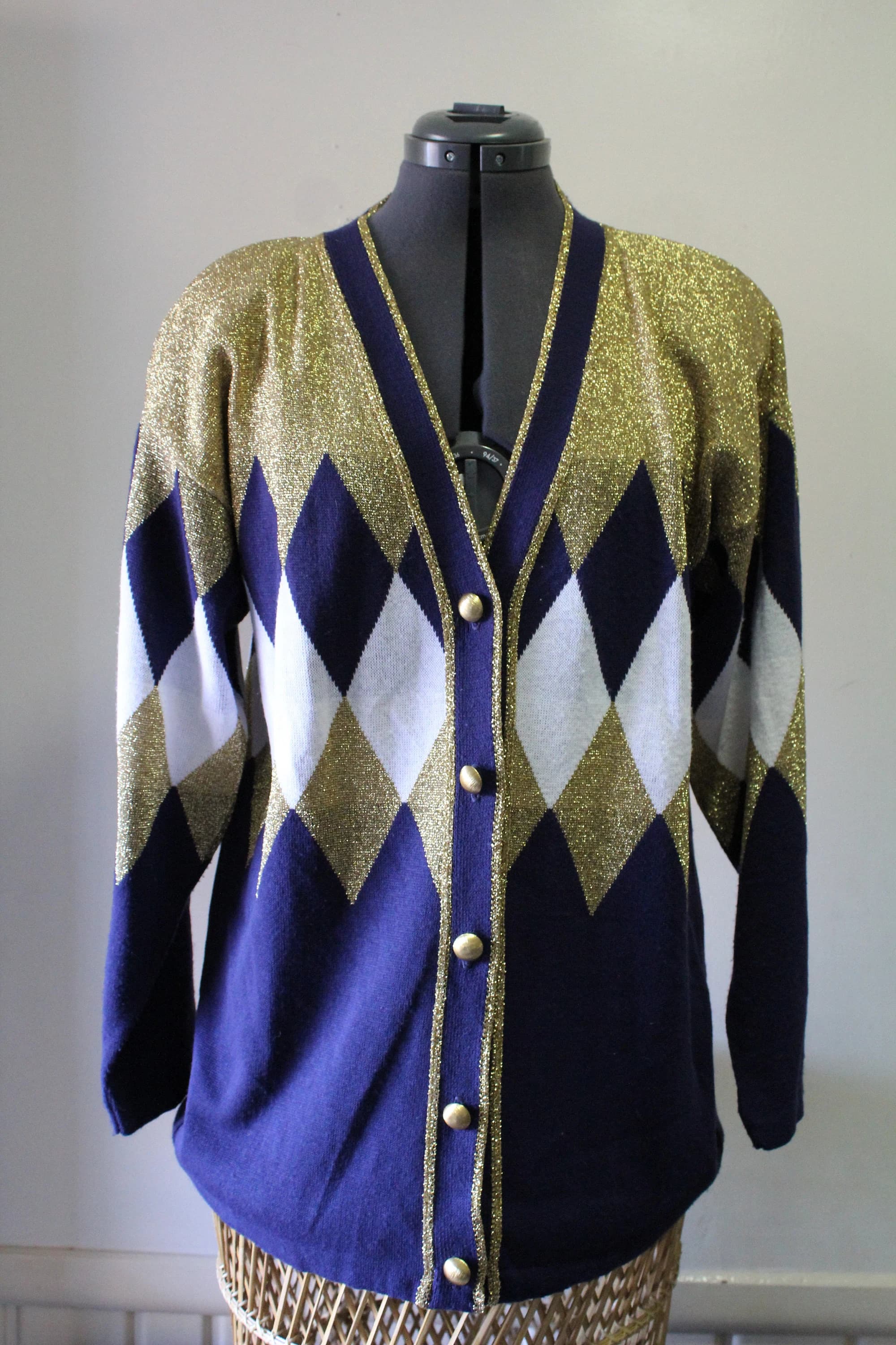 Vintage Alexandra Jordyn Argyle Pattern Gold Metallic Acrylic Cardigan Knit Sweater 1980s - image 3