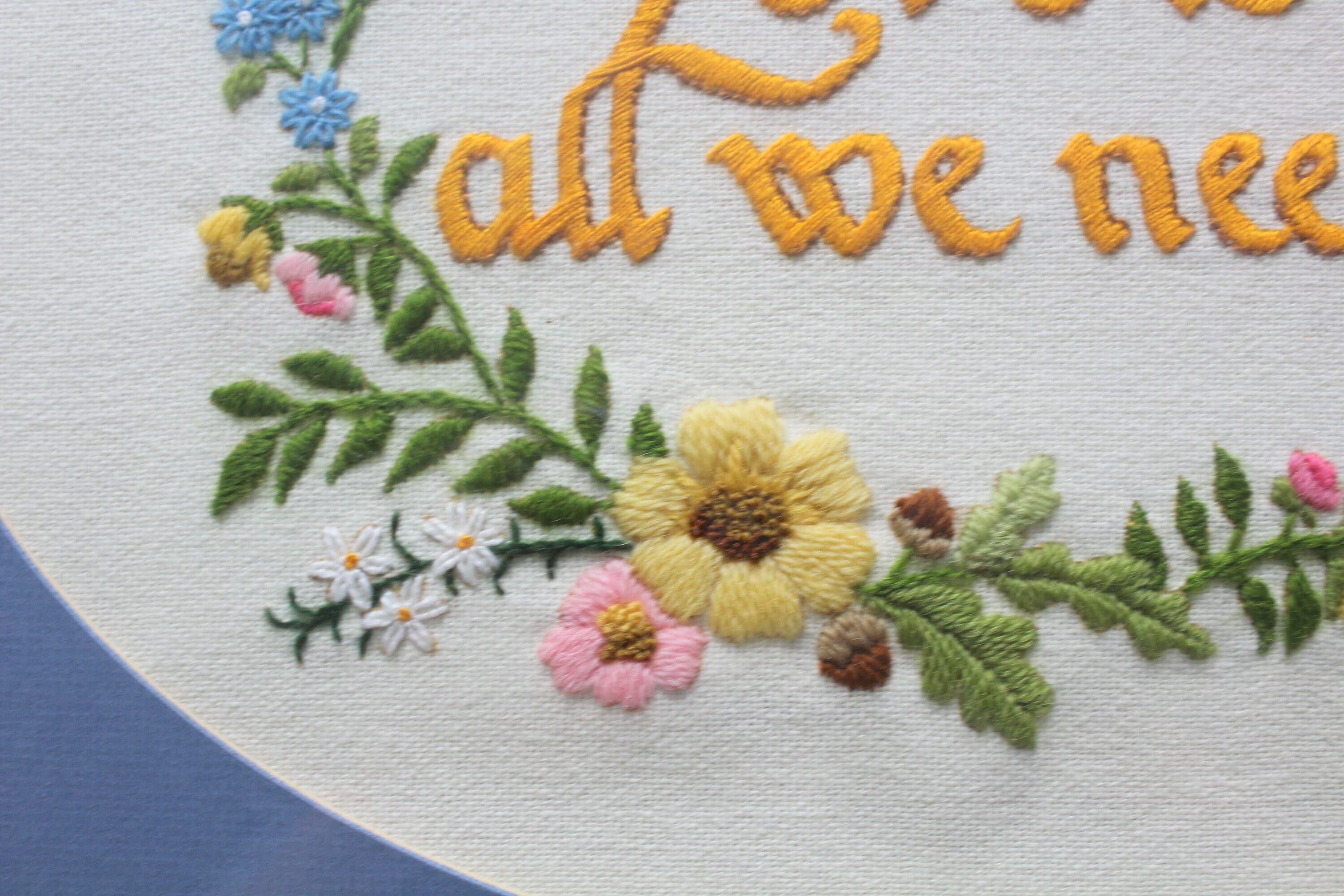 Vintage Floral Bordered Love Is All We Need Crewel Wooden Framed Art 1970s - image 3