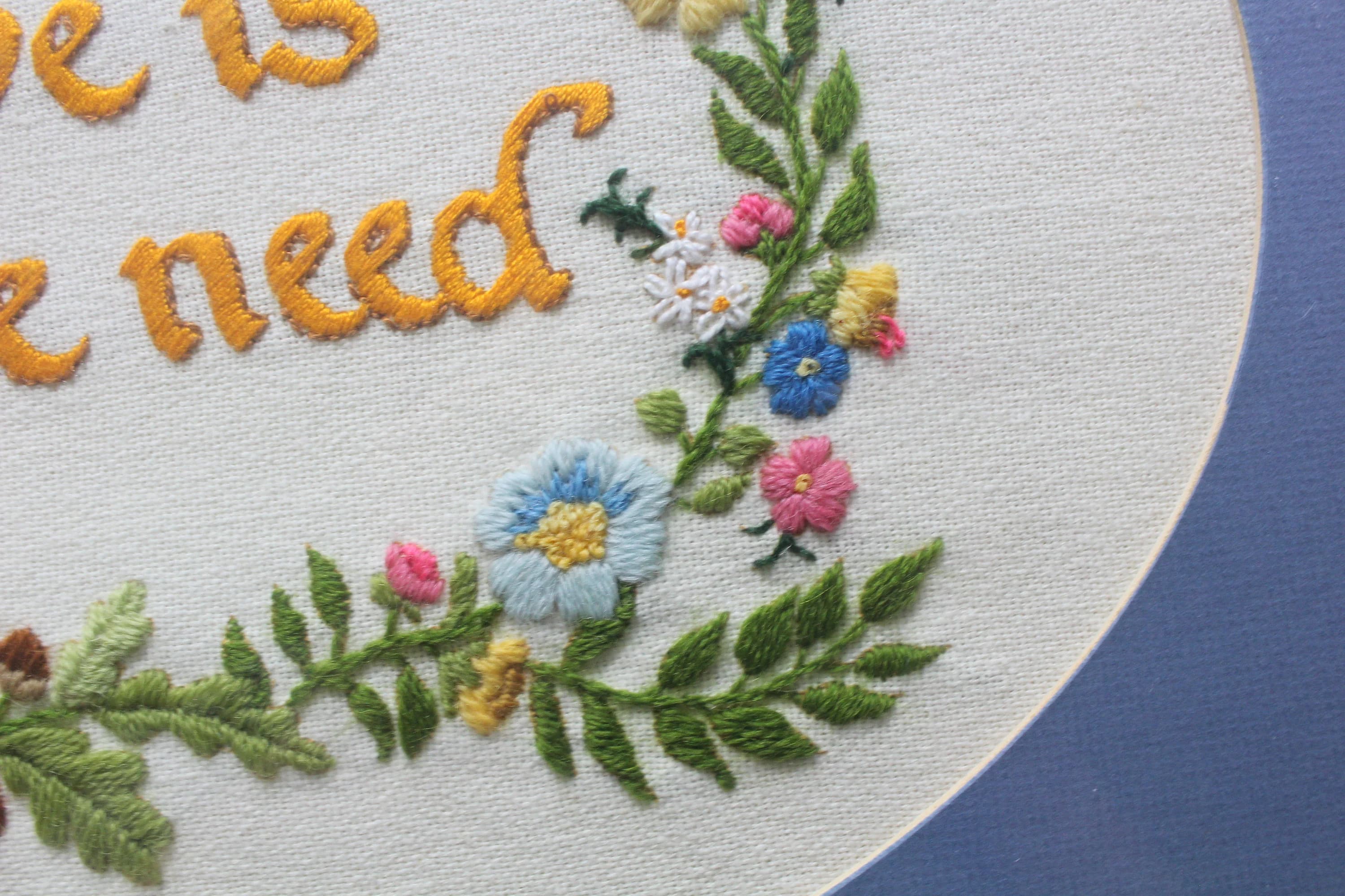 Vintage Floral Bordered Love Is All We Need Crewel Wooden Framed Art 1970s - image 4