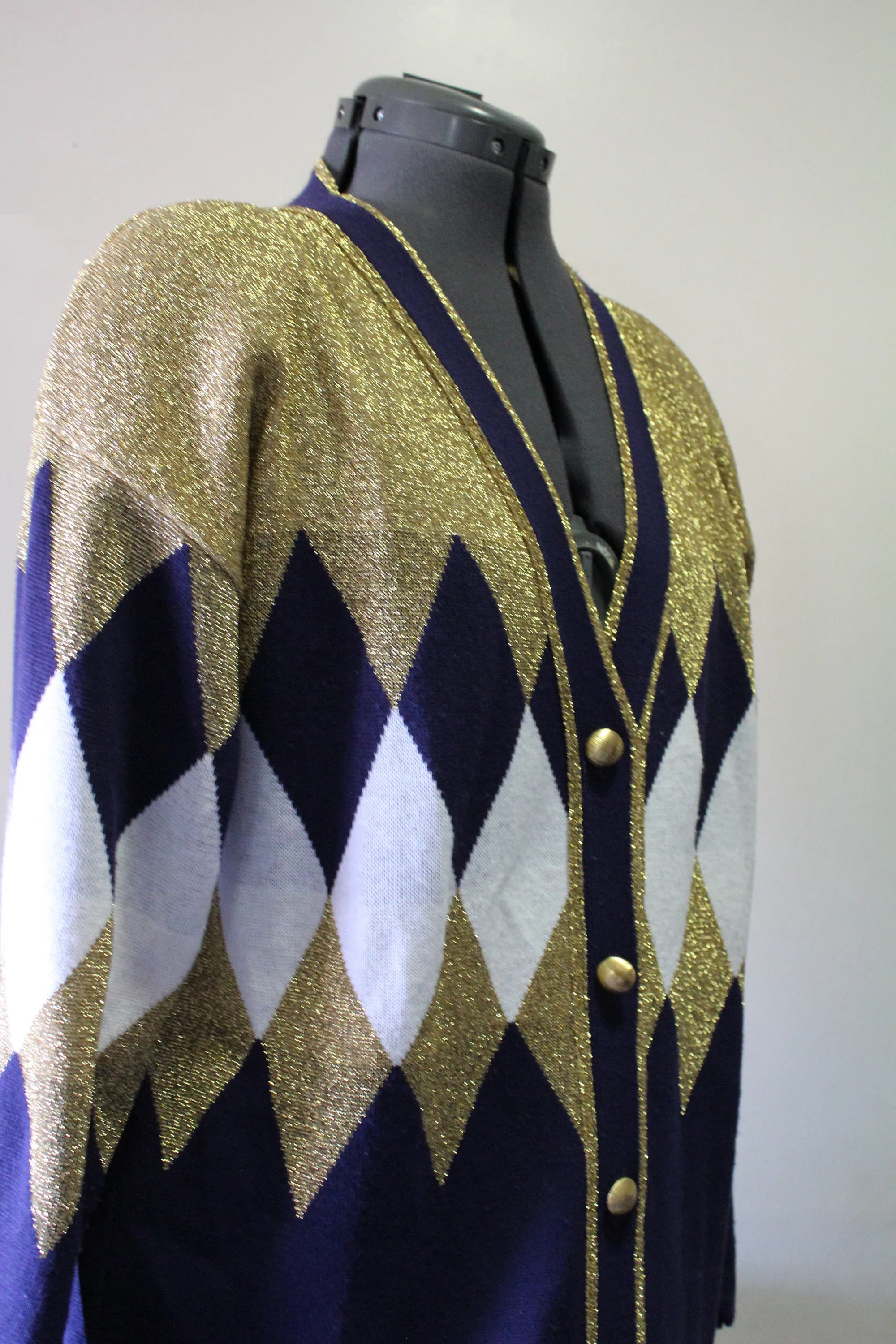 Vintage Alexandra Jordyn Argyle Pattern Gold Metallic Acrylic Cardigan Knit Sweater 1980s - image 4