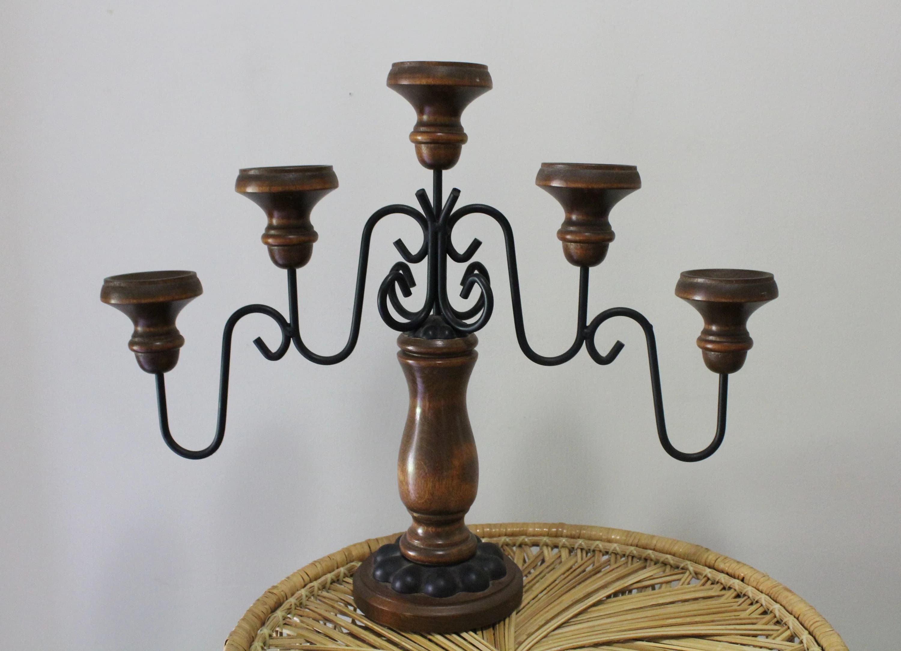 Vintage Pair of Homco Wrought Iron And Wood 5 Arm Candelabra Taper Candlestick Holders 1970s