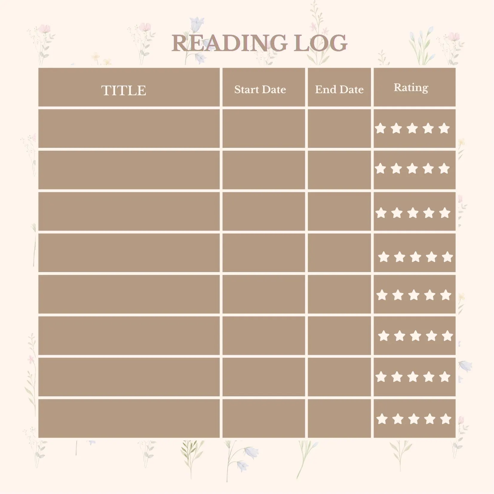 Floral Reading Log bookmark Digital Download
