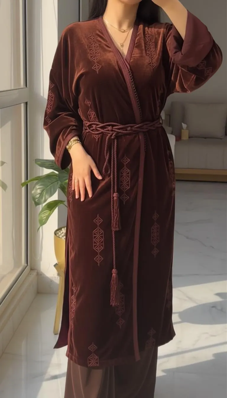 Moroccan Velvet Jabadore Set – Burgundy / Navy / Green Caftan for Women – Elegant Embroidered Moroccan Outfit – Eid & Wedding Dress