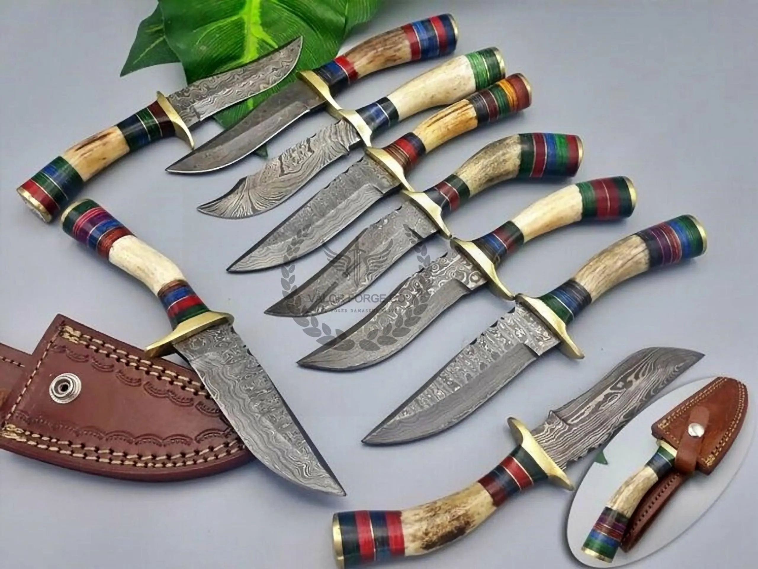 Handmade Damascus Knife Set, Skinner Knife Lot 6 12 24 36 Pieces, Antler Style Handle, Leather Sheath, Rustic Collector Gift