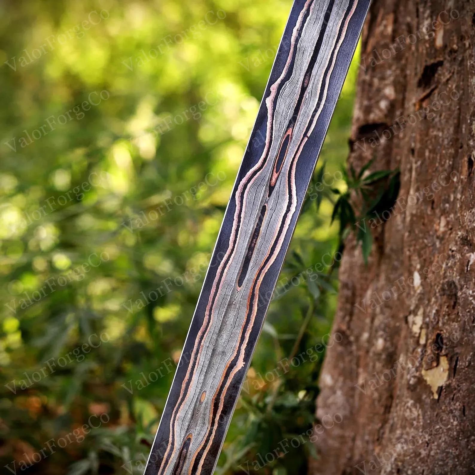 A straight sword blade featuring a complex pattern-welded steel construction with alternating layers of dark charcoal, bright silver, and copper-toned metal, creating a flowing, organic, and layered aesthetic along the entire length.