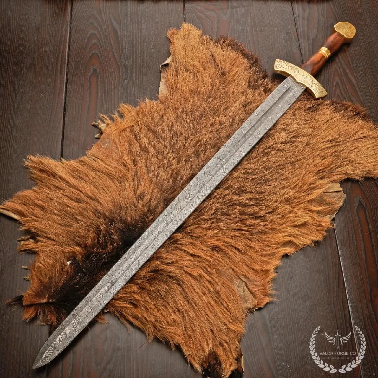 Handmade Damascus Steel Viking Sword, Rosewood Handle, Engraved Brass Fittings, Medieval Replica Display, Custom Gift, Norse Decor - image 3